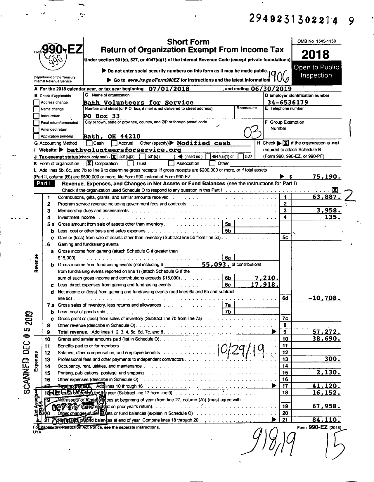 Image of first page of 2018 Form 990EZ for Bath Volunteers for Service