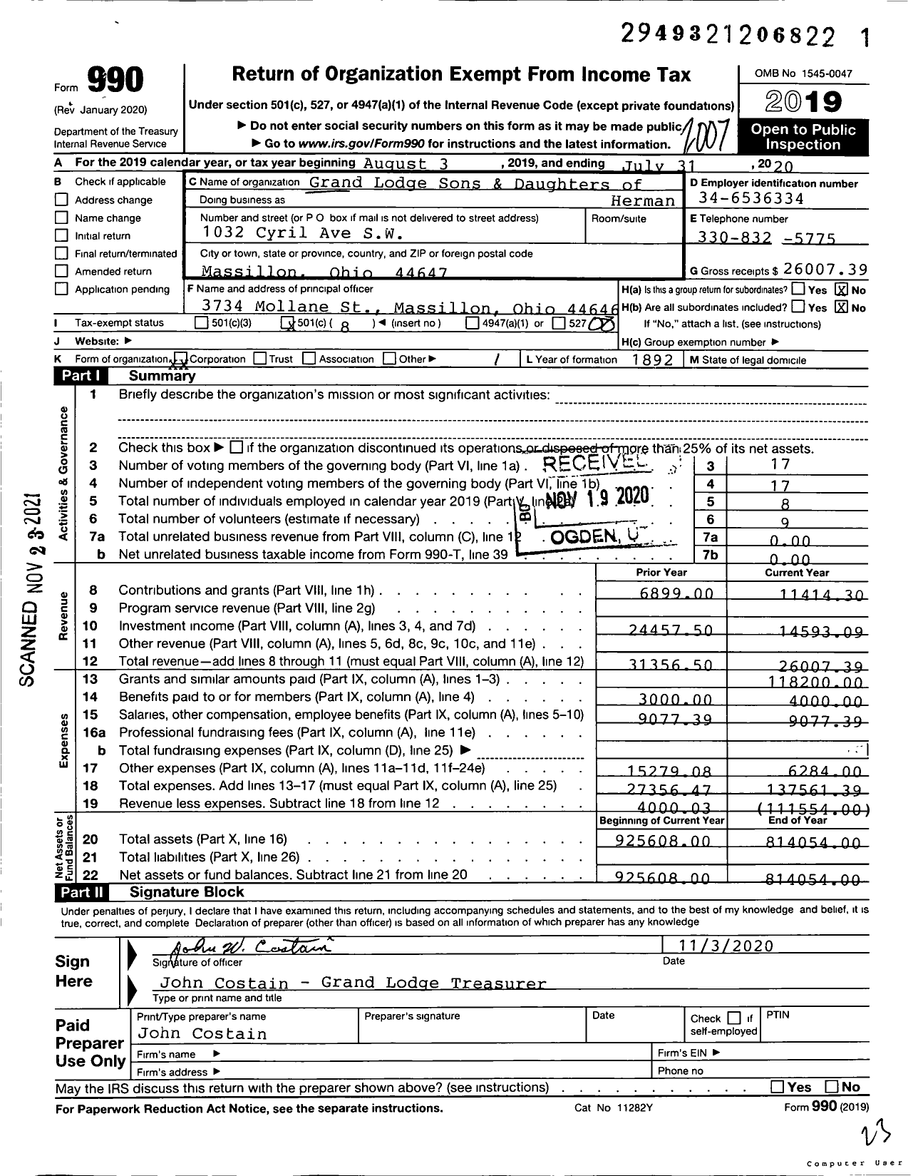 Image of first page of 2019 Form 990O for Grand Lodge Sons and Daughters of Herman