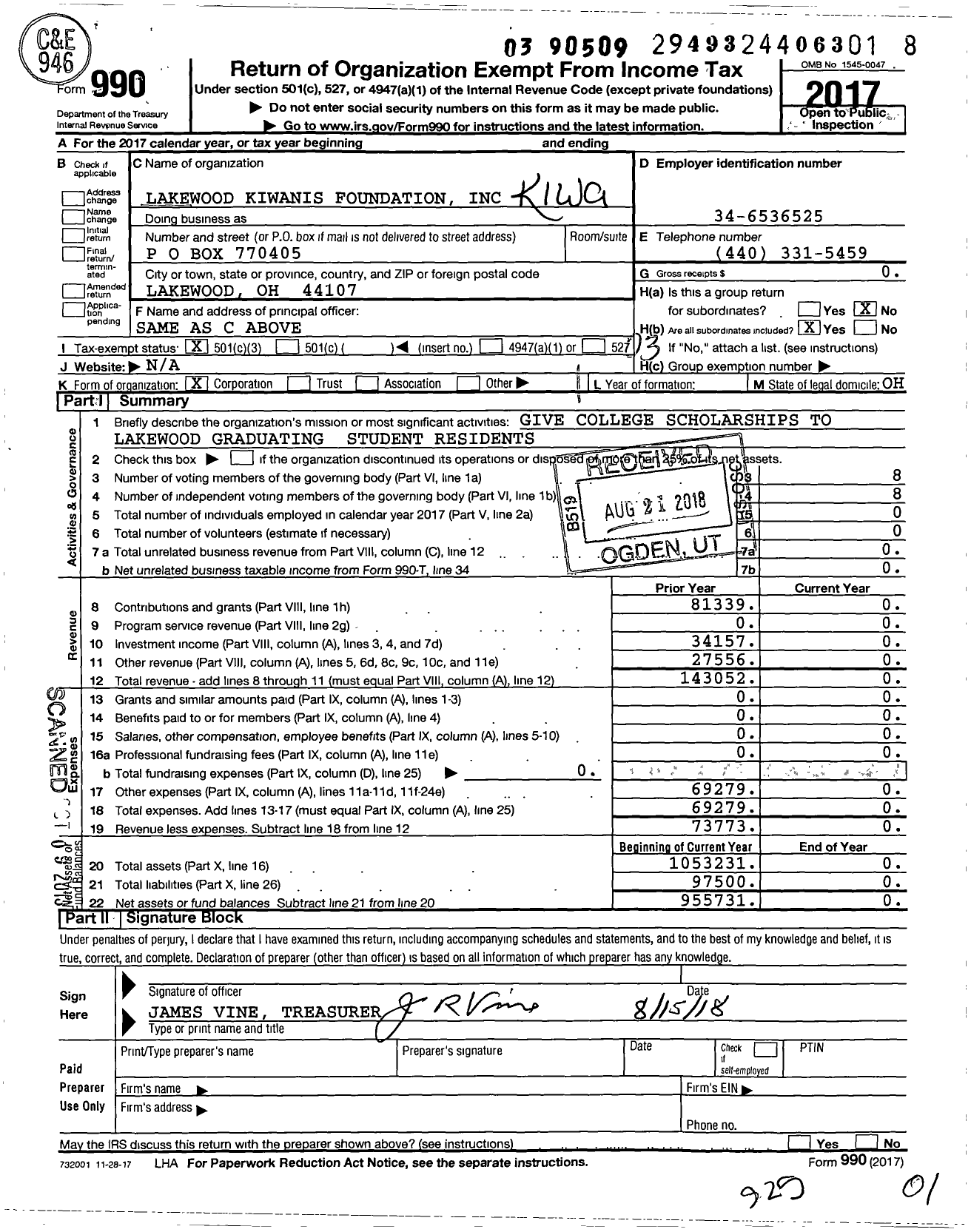 Image of first page of 2017 Form 990 for Lakewood Kiwanis Foundation