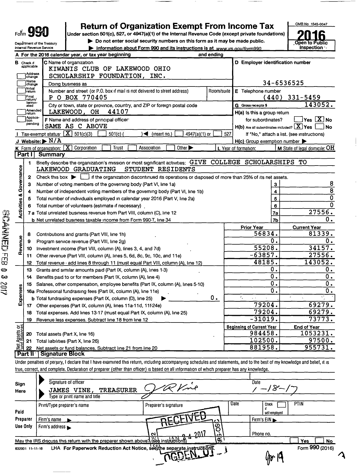 Image of first page of 2016 Form 990 for Lakewood Kiwanis Foundation