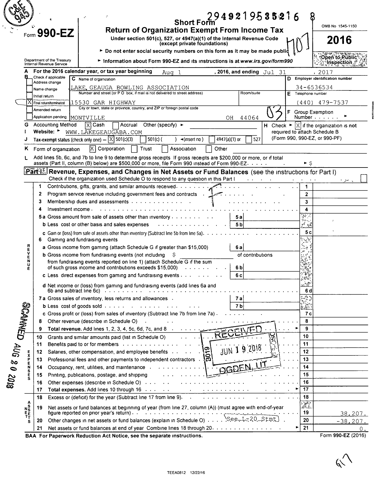 Image of first page of 2016 Form 990EZ for American Bowling Congress - 36432 Lake Geauga Counties Ba