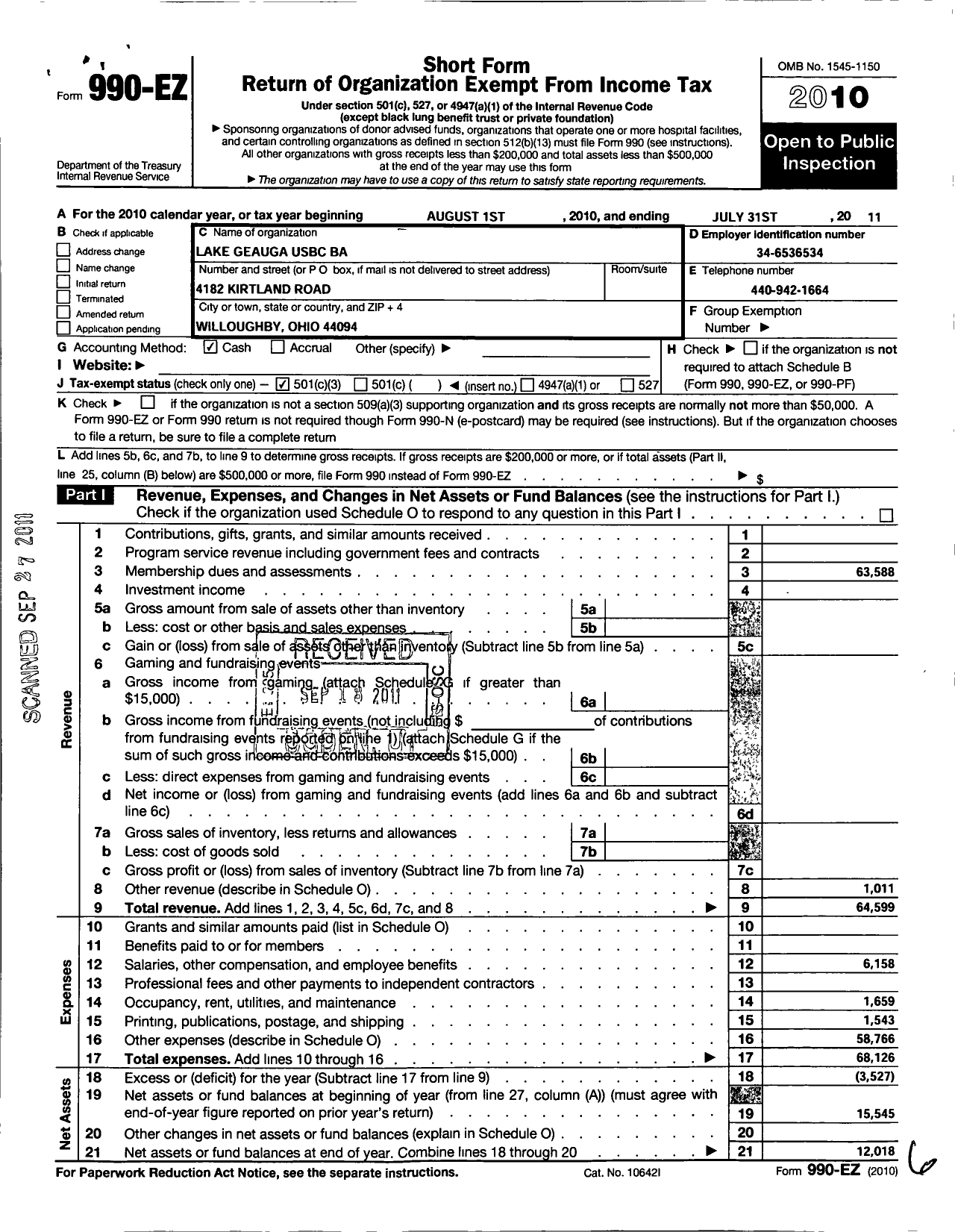 Image of first page of 2010 Form 990EZ for American Bowling Congress - 36432 Lake Geauga Counties Ba