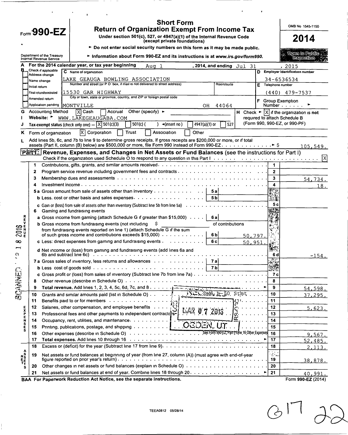 Image of first page of 2014 Form 990EZ for American Bowling Congress - 36432 Lake Geauga Counties Ba