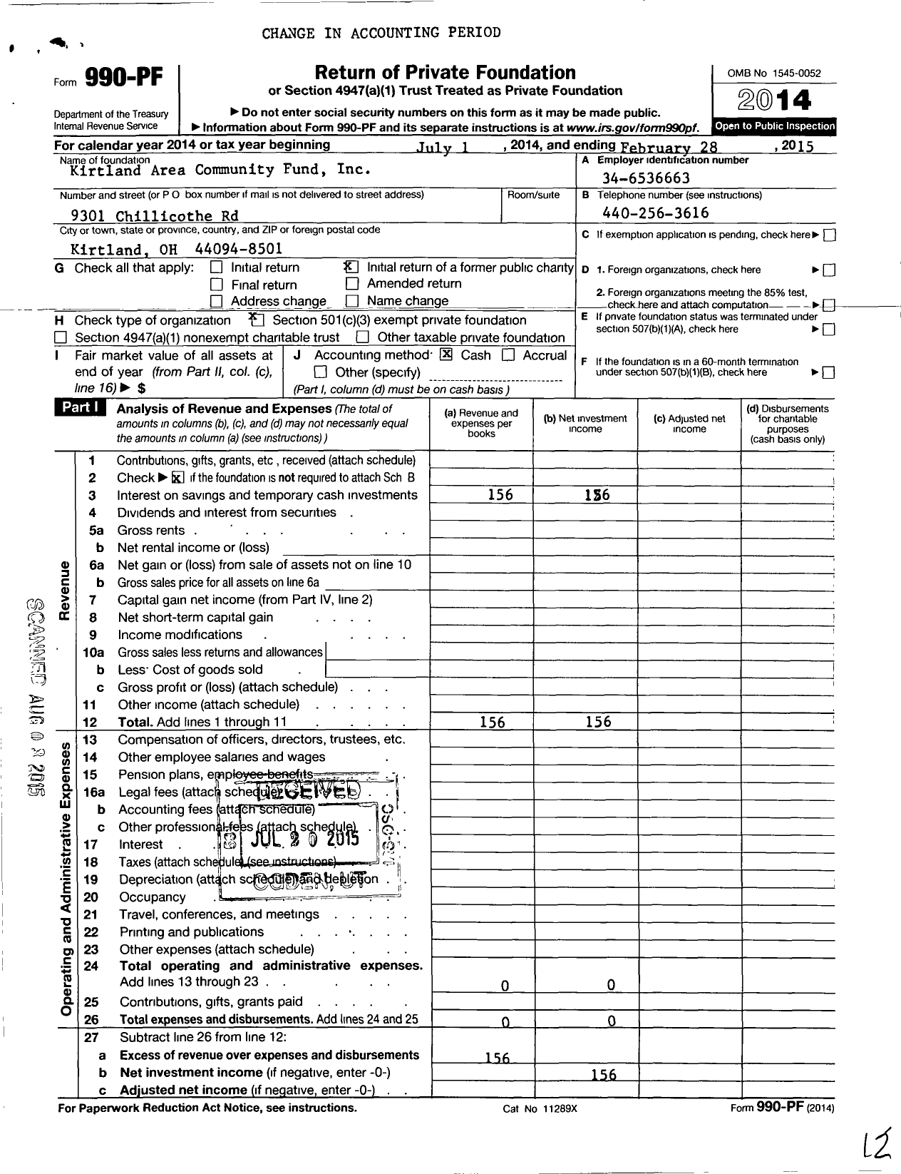 Image of first page of 2014 Form 990PF for Kirtland Area Community Fund