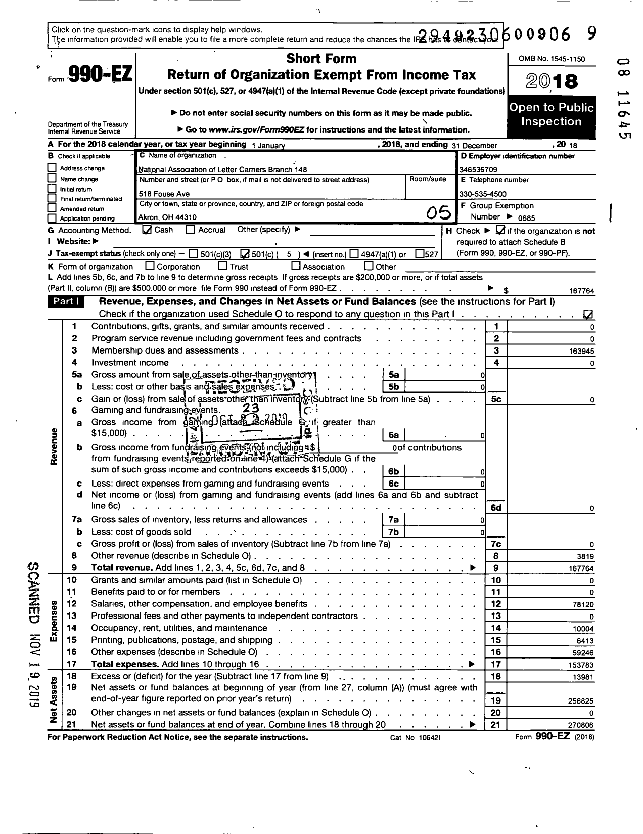 Image of first page of 2018 Form 990EO for National Association of Letter Carriers - 148 Akron Ohio