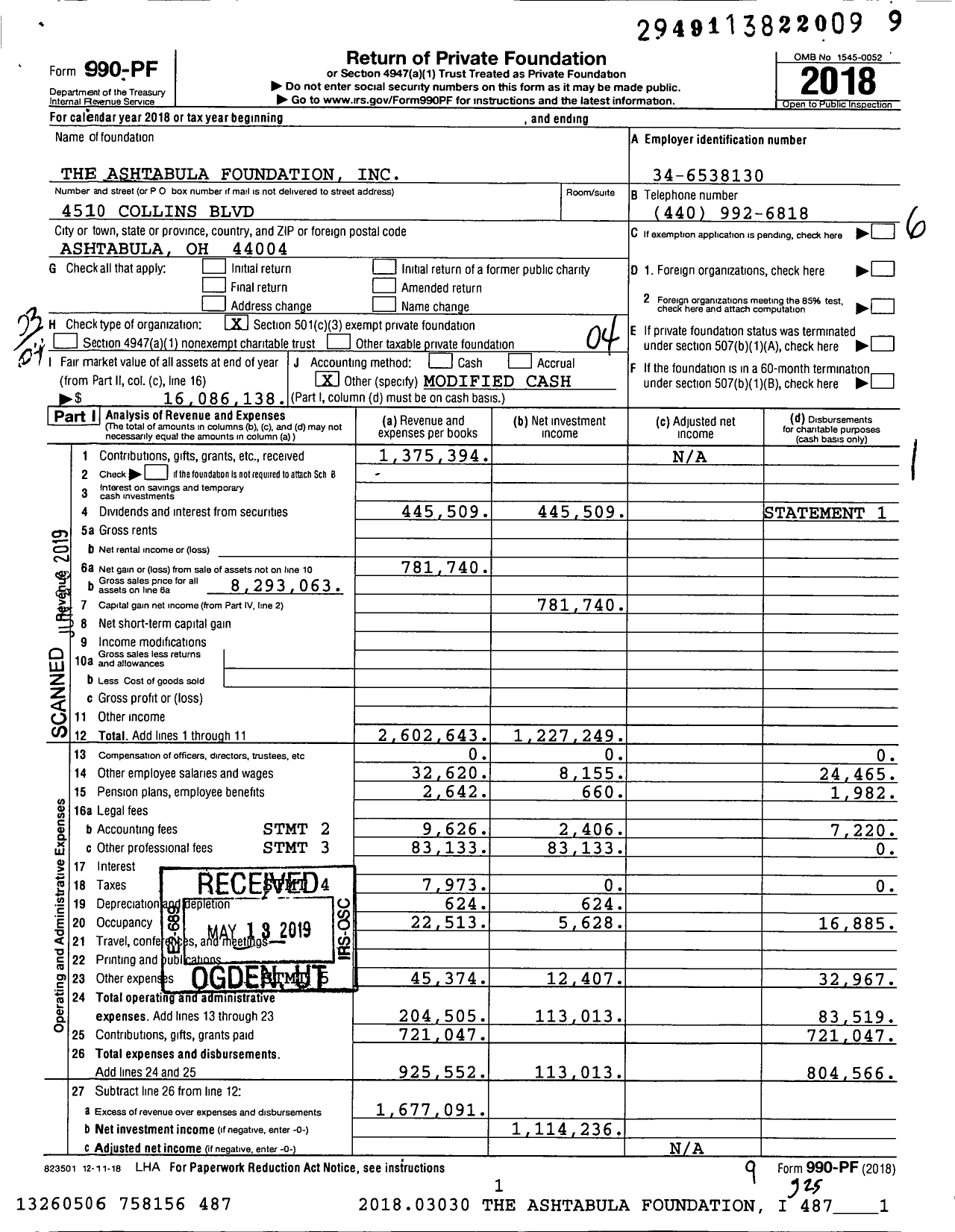 Image of first page of 2018 Form 990PF for The Ashtabula Foundation
