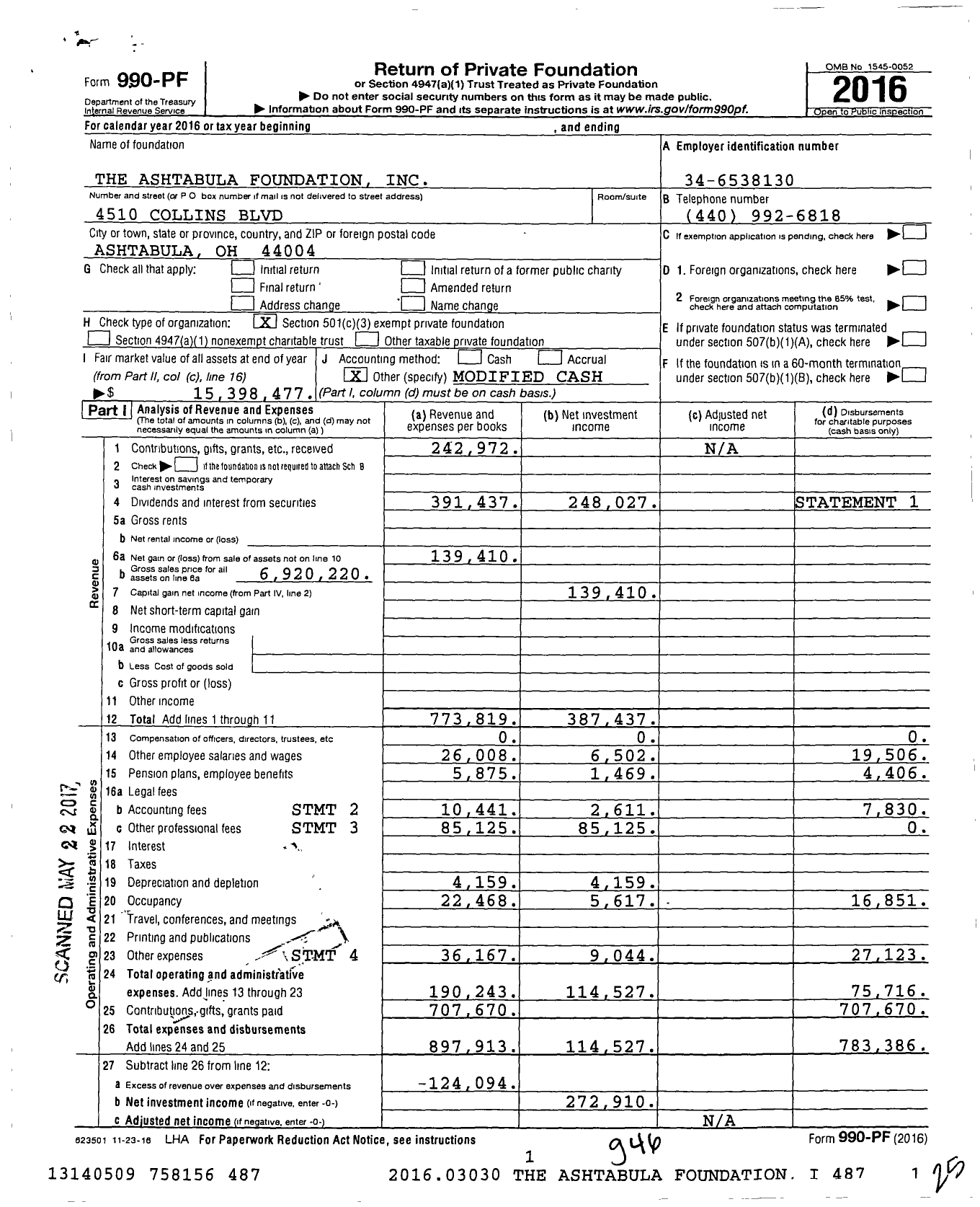 Image of first page of 2016 Form 990PF for The Ashtabula Foundation