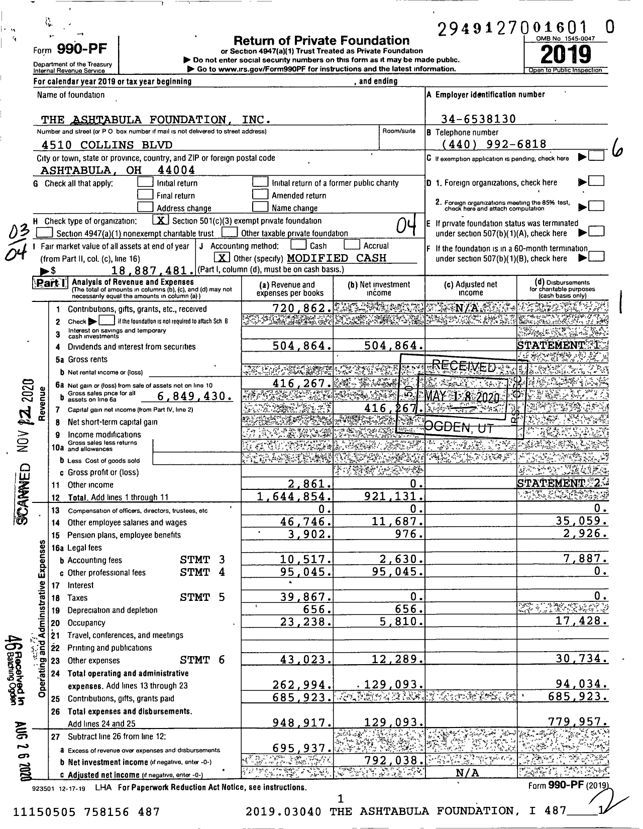 Image of first page of 2019 Form 990PF for The Ashtabula Foundation