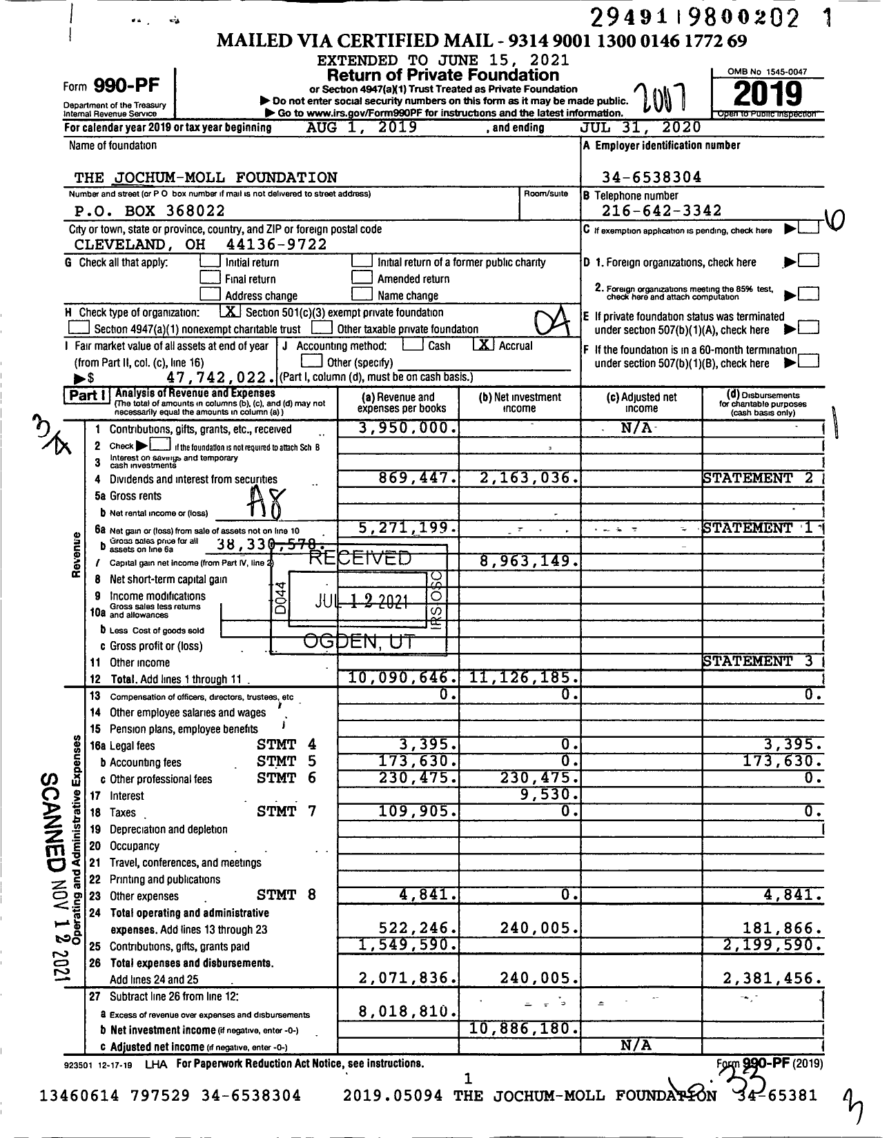 Image of first page of 2019 Form 990PF for The Jochum-Moll Foundation