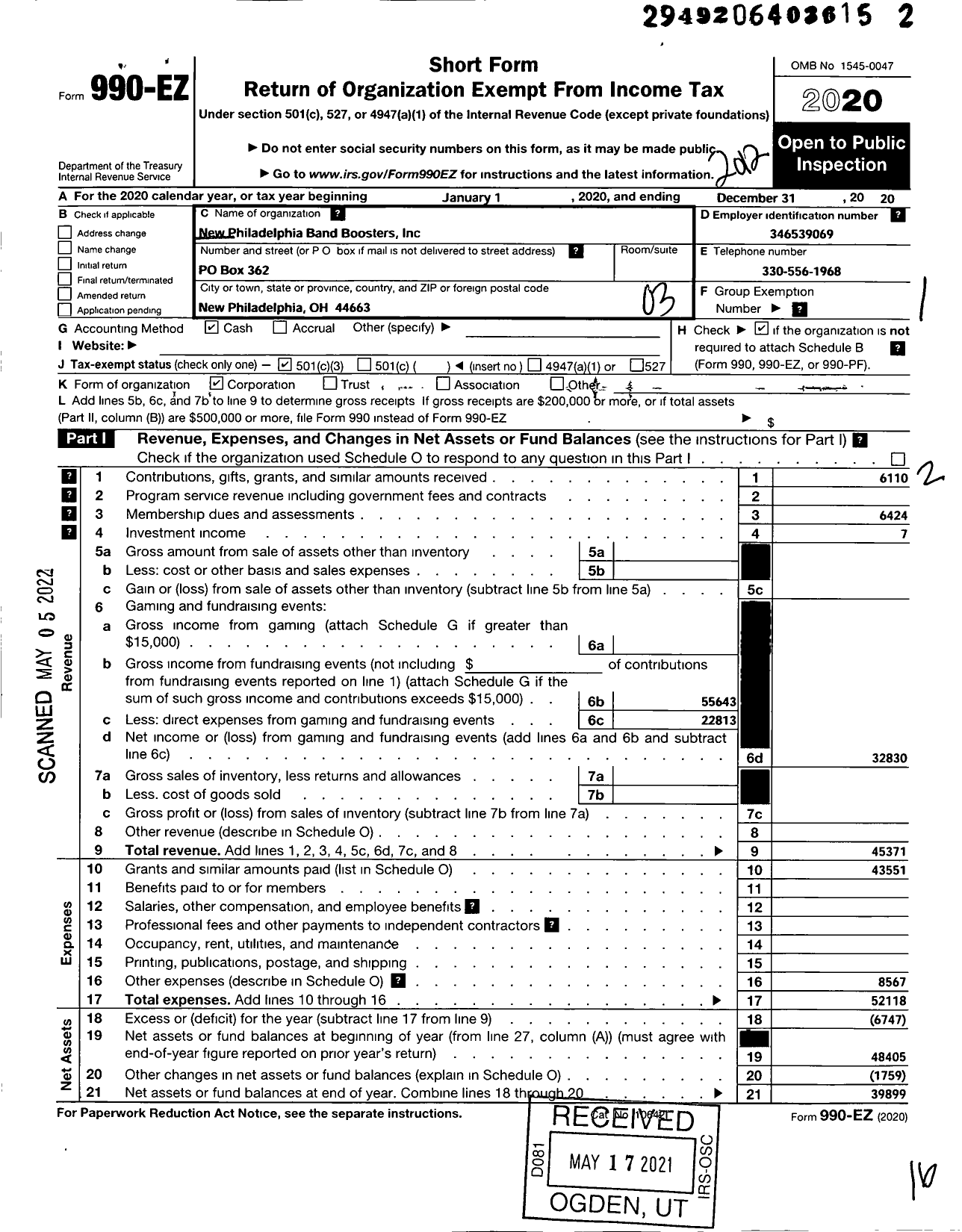 Image of first page of 2020 Form 990EZ for New Philadelphia Band Boosters