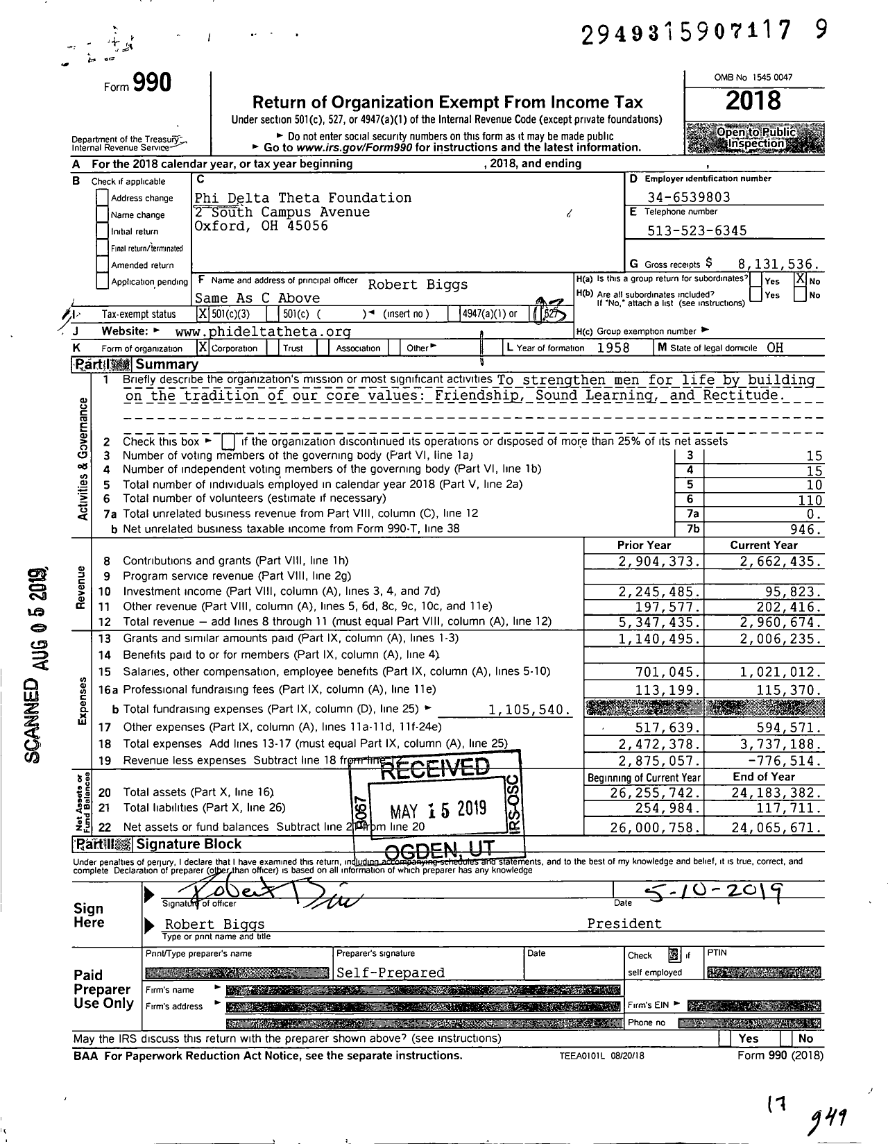 Image of first page of 2018 Form 990 for Phi Delta Theta Foundation