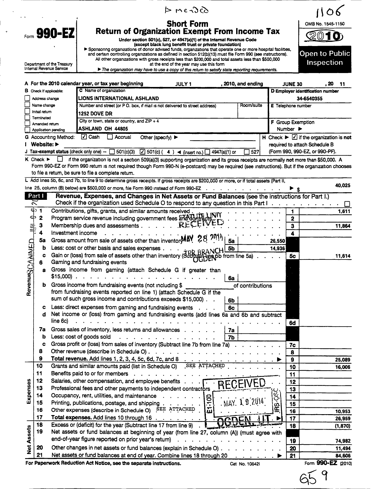 Image of first page of 2010 Form 990EO for Lions Clubs - 5188 Ashland