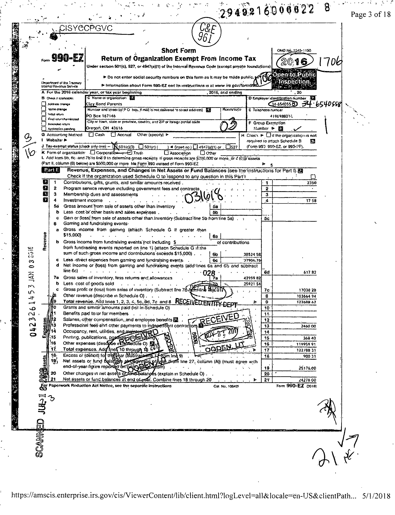 Image of first page of 2016 Form 990EZ for Clay Band Parents