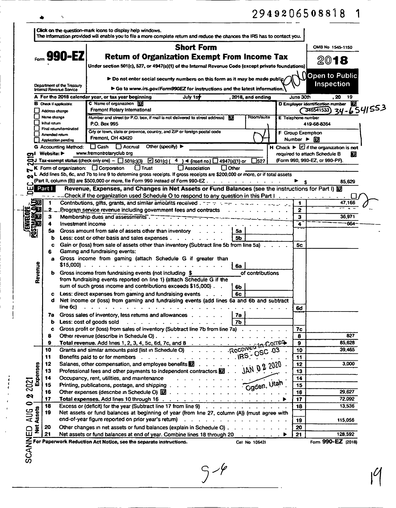 Image of first page of 2018 Form 990EO for Rotary International - Fremont Ohio