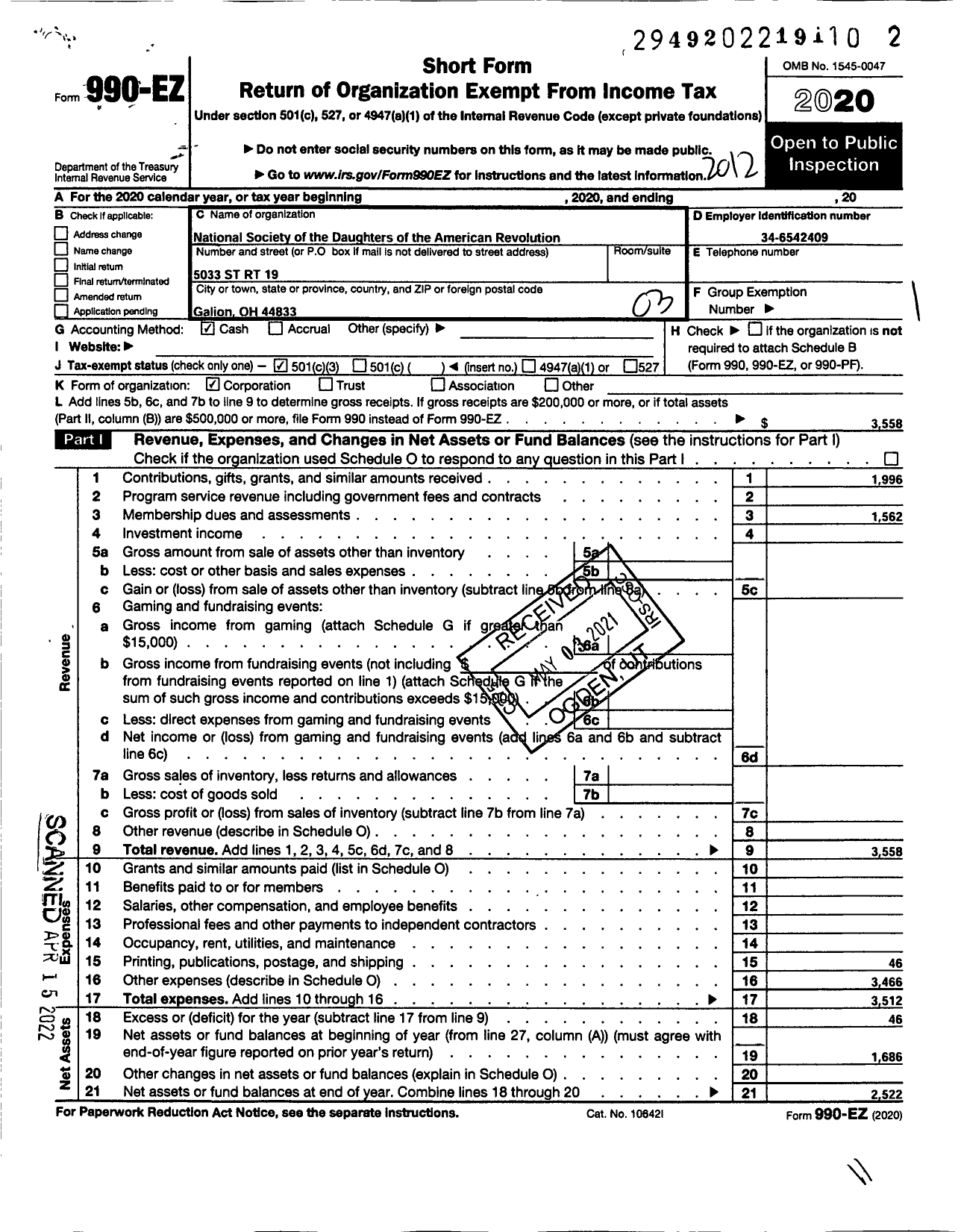 Image of first page of 2020 Form 990EZ for Daughters of the American Revolution - Olentangy Dar