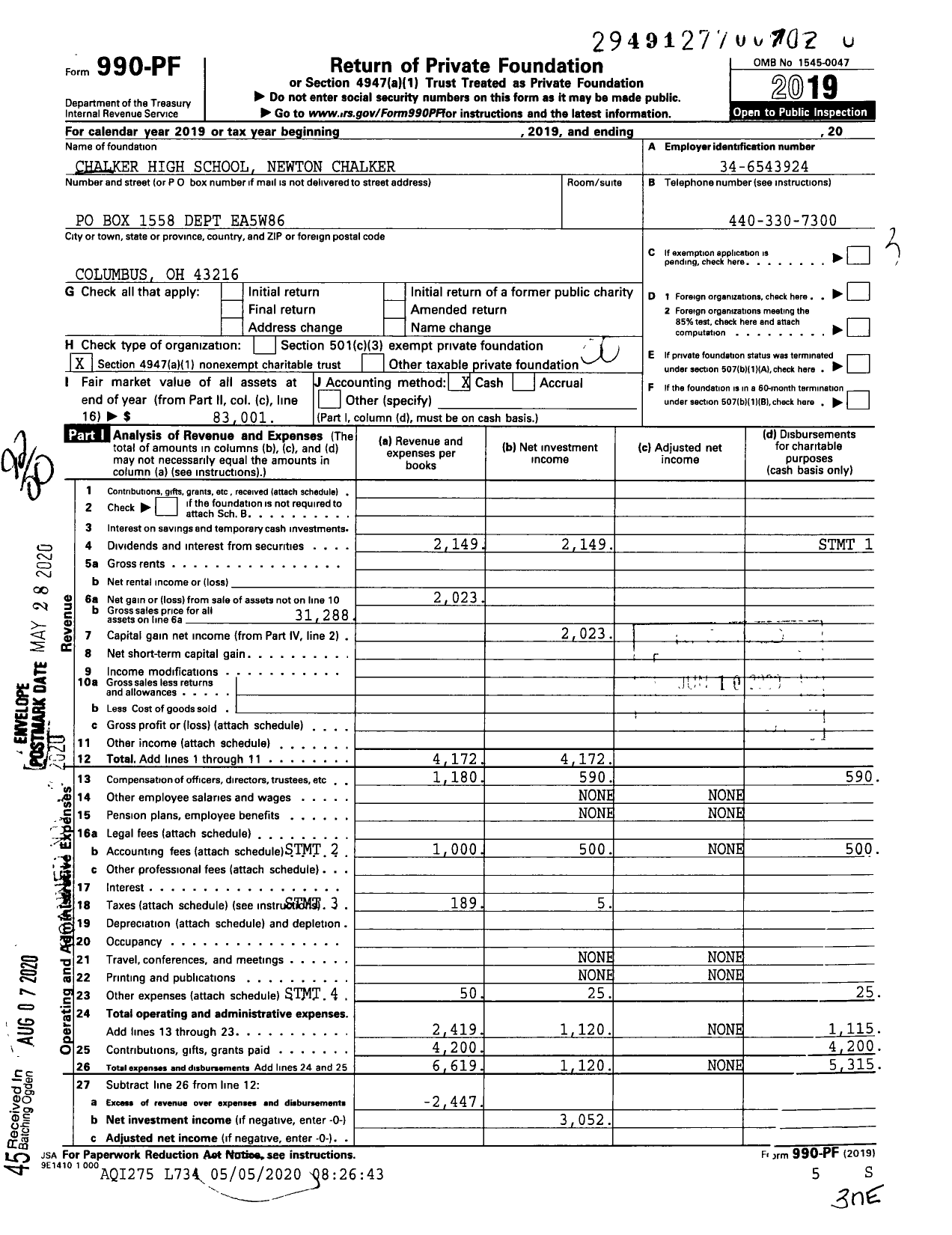 Image of first page of 2019 Form 990PF for Chalker High School Newton Chalker