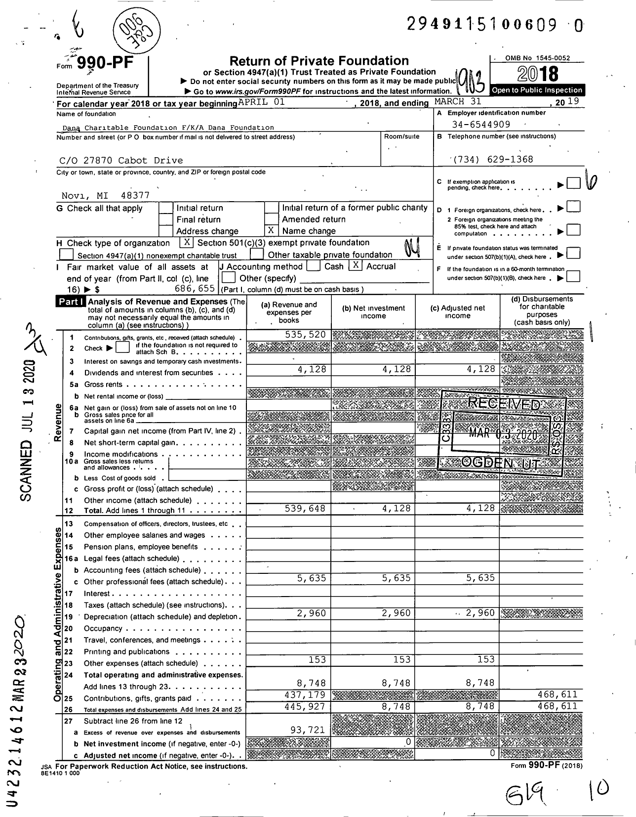 Image of first page of 2018 Form 990PR for Dana Charitable Foundation