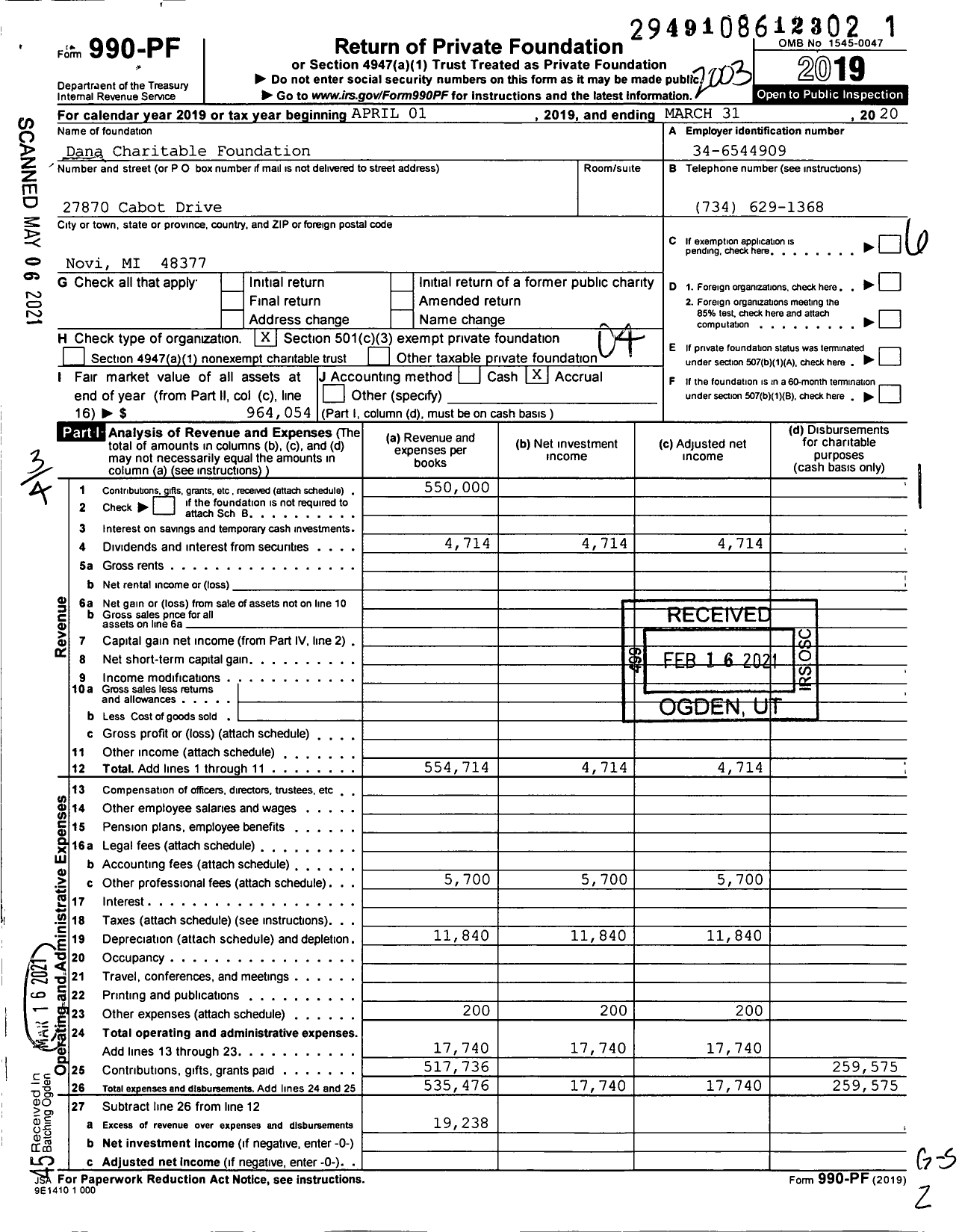 Image of first page of 2019 Form 990PF for Dana Charitable Foundation