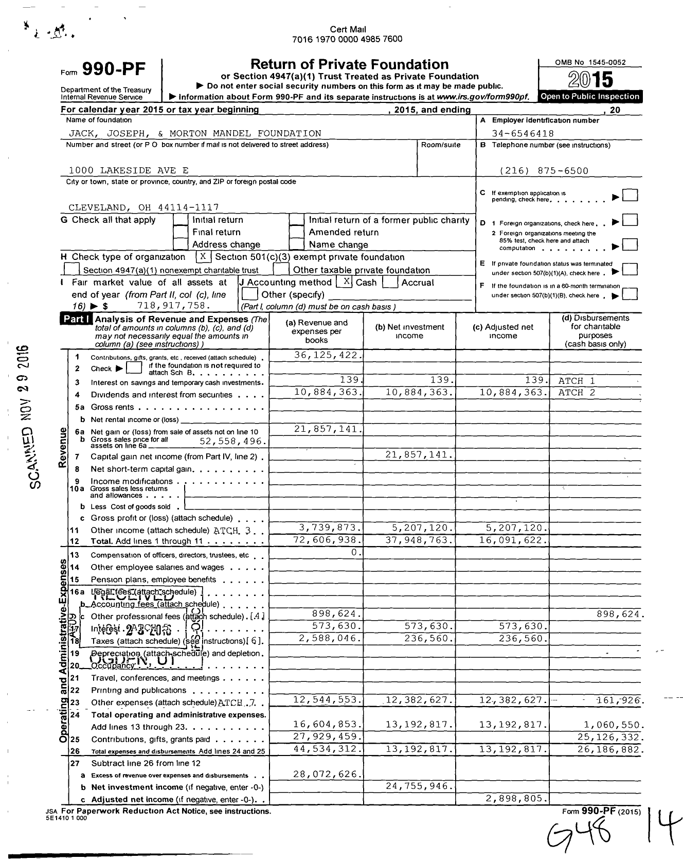 Image of first page of 2015 Form 990PF for Jack, Joseph and Morton Mandel Foundation