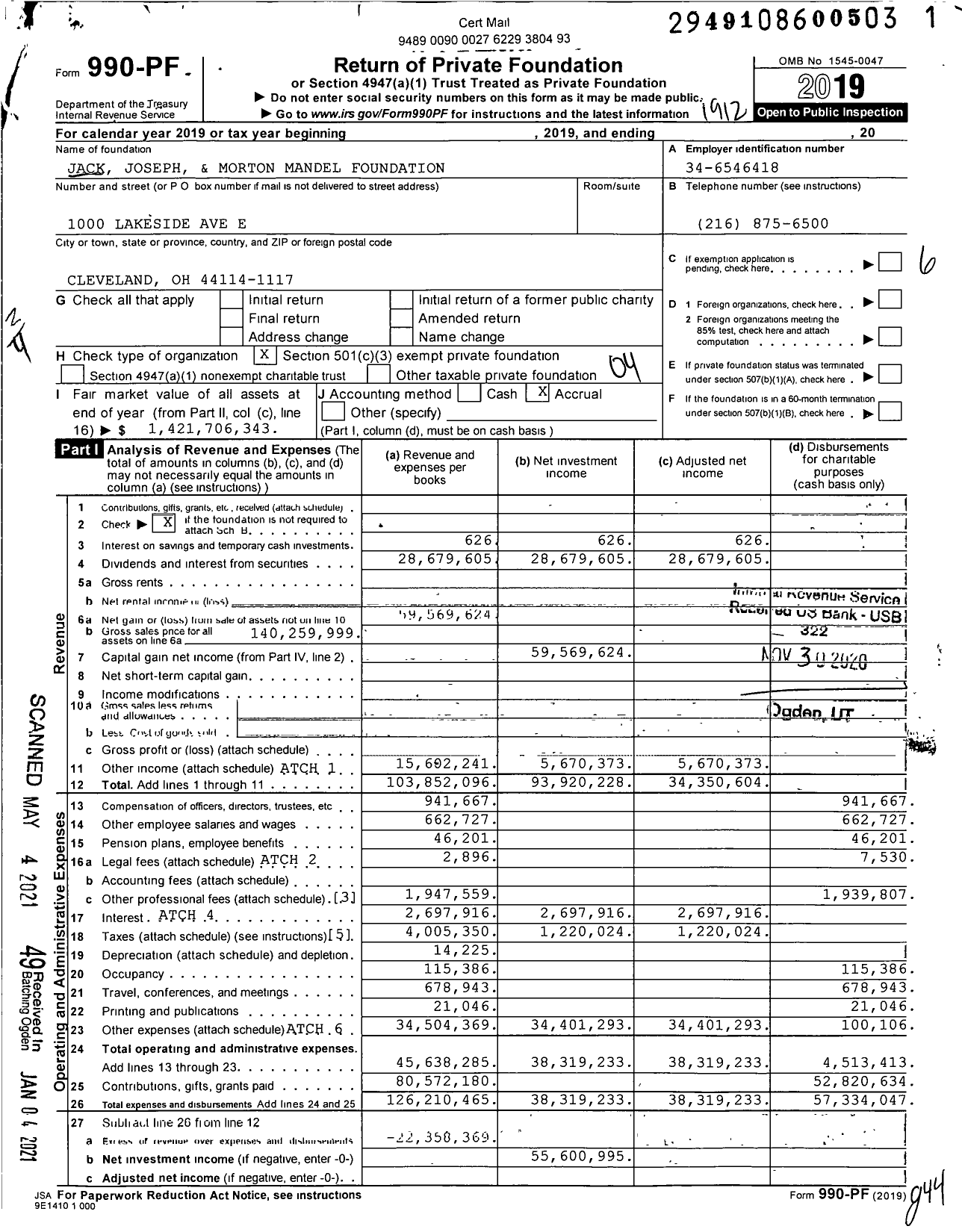 Image of first page of 2019 Form 990PF for Jack, Joseph and Morton Mandel Foundation