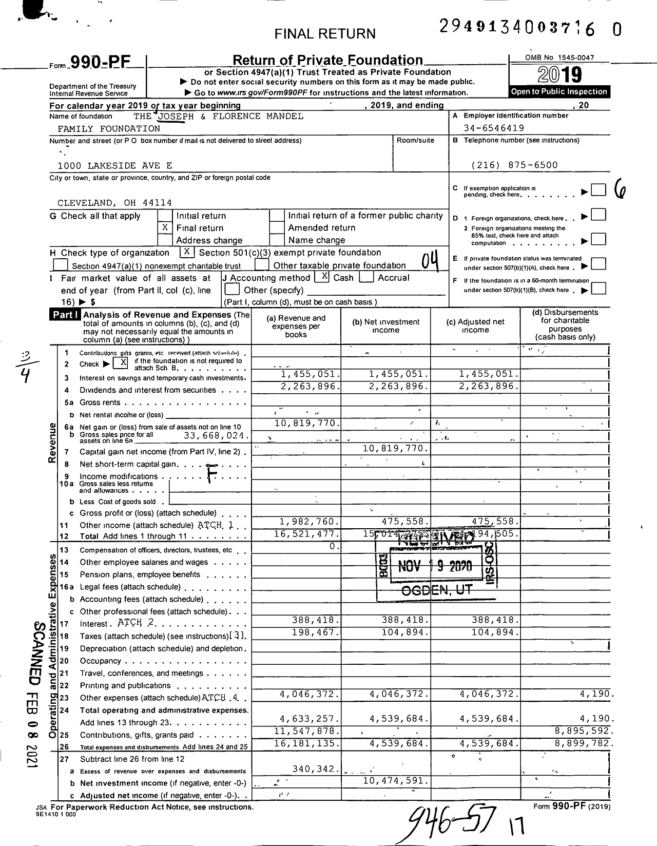Image of first page of 2019 Form 990PF for Joseph and Florence Mandel Family Foundation