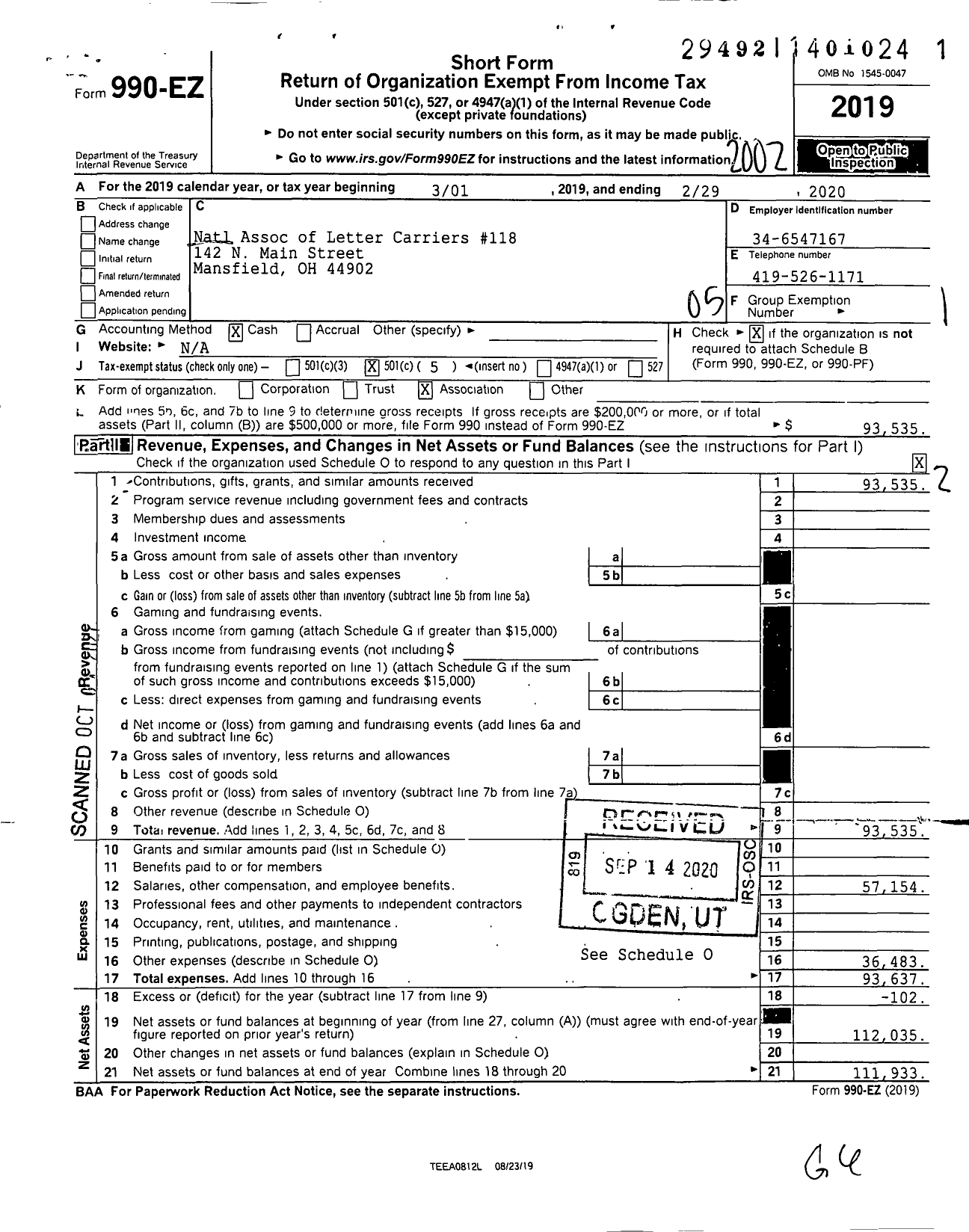 Image of first page of 2019 Form 990EO for National Association of Letter Carriers - 118 Mansfield Ohio