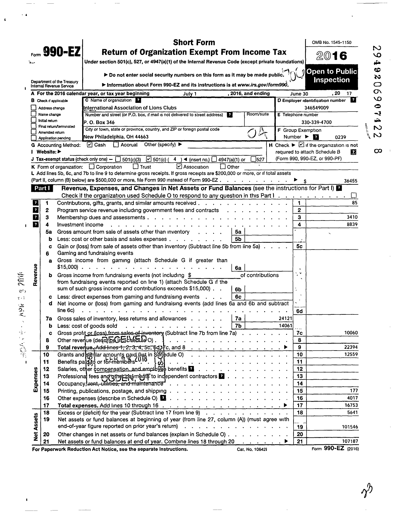 Image of first page of 2016 Form 990EO for Lions Clubs - 5481 New Philadelphia