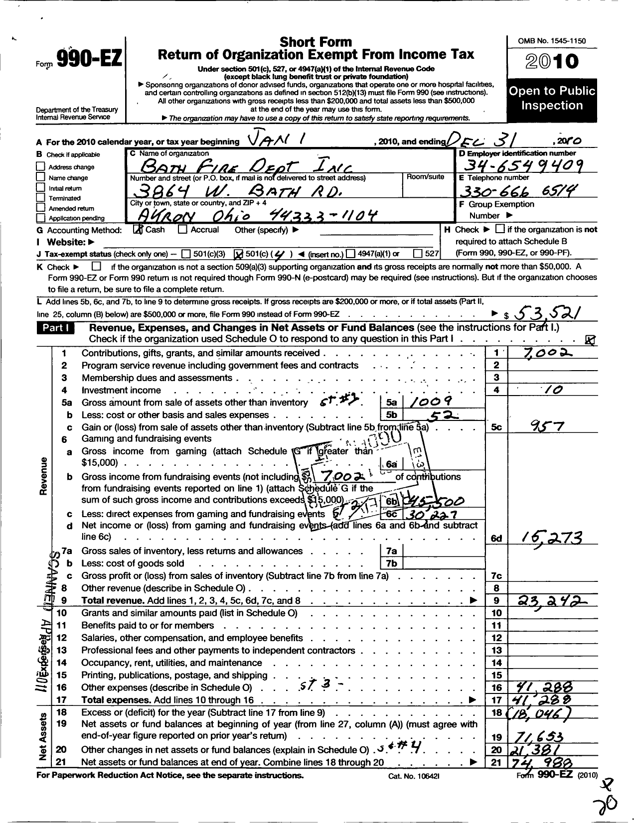 Image of first page of 2010 Form 990EO for Bath Fire Department Incorporated