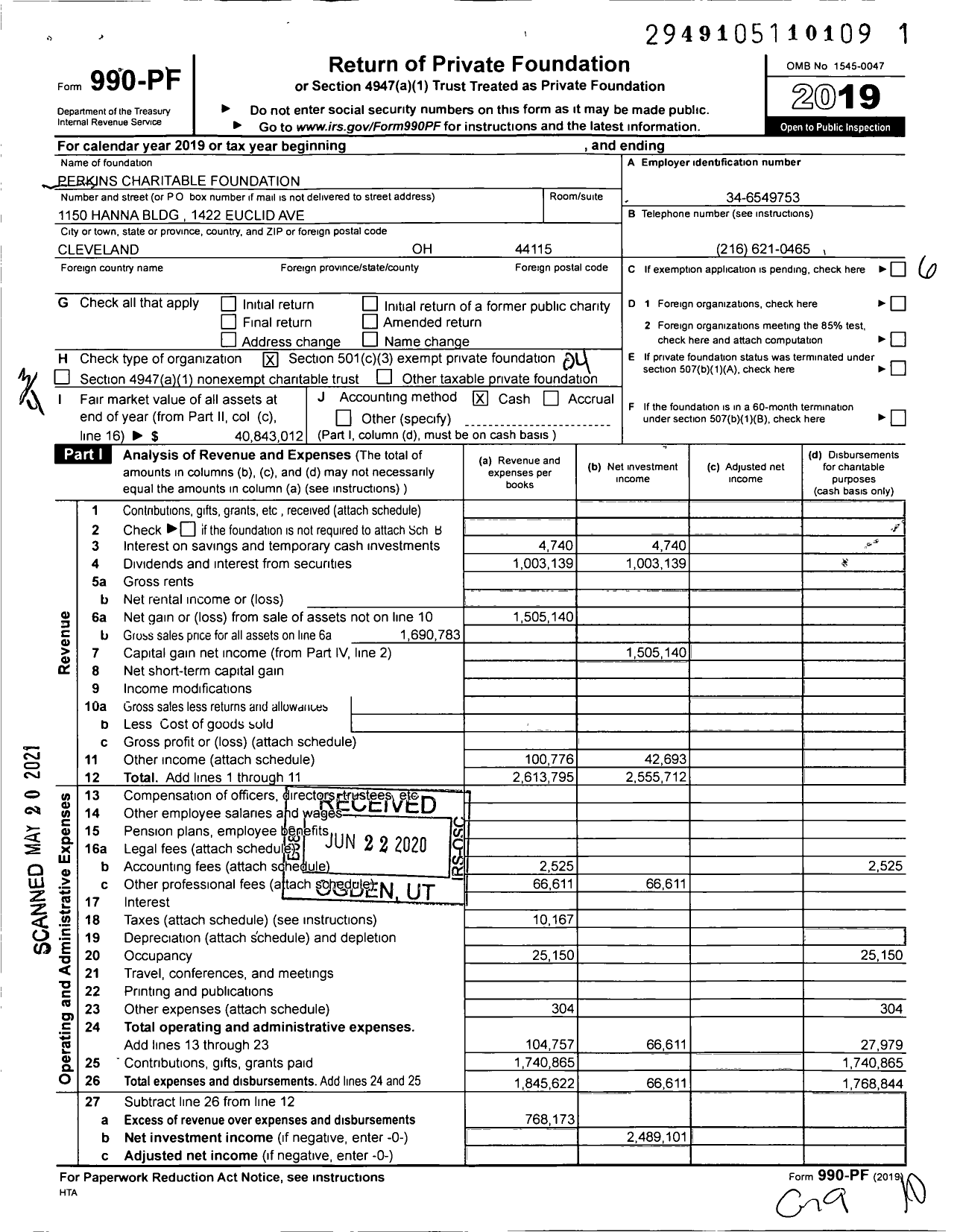 Image of first page of 2019 Form 990PF for Perkins Charitable Foundation