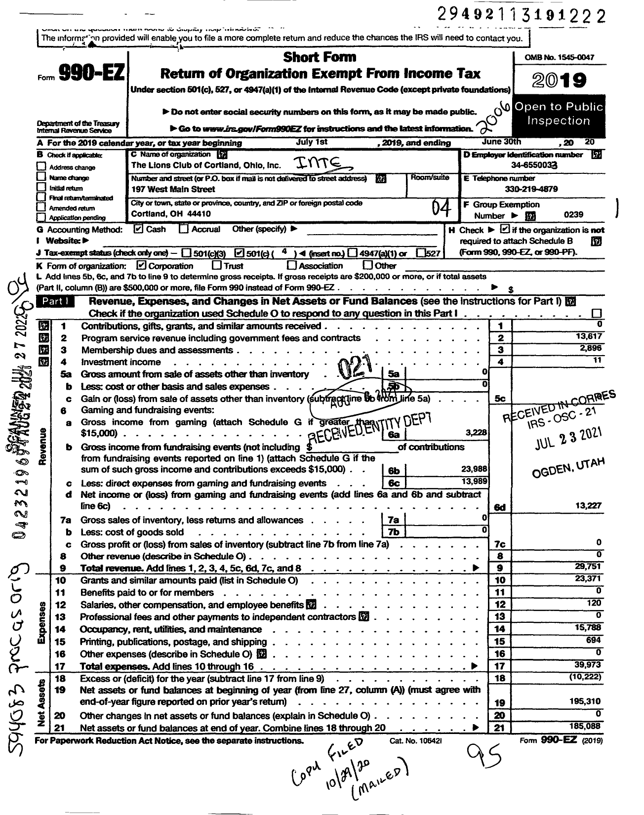 Image of first page of 2019 Form 990EO for Lions CLUBS - 5318 Cortland