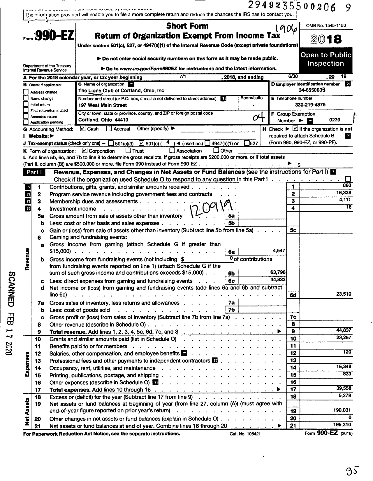 Image of first page of 2018 Form 990EO for Lions CLUBS - 5318 Cortland