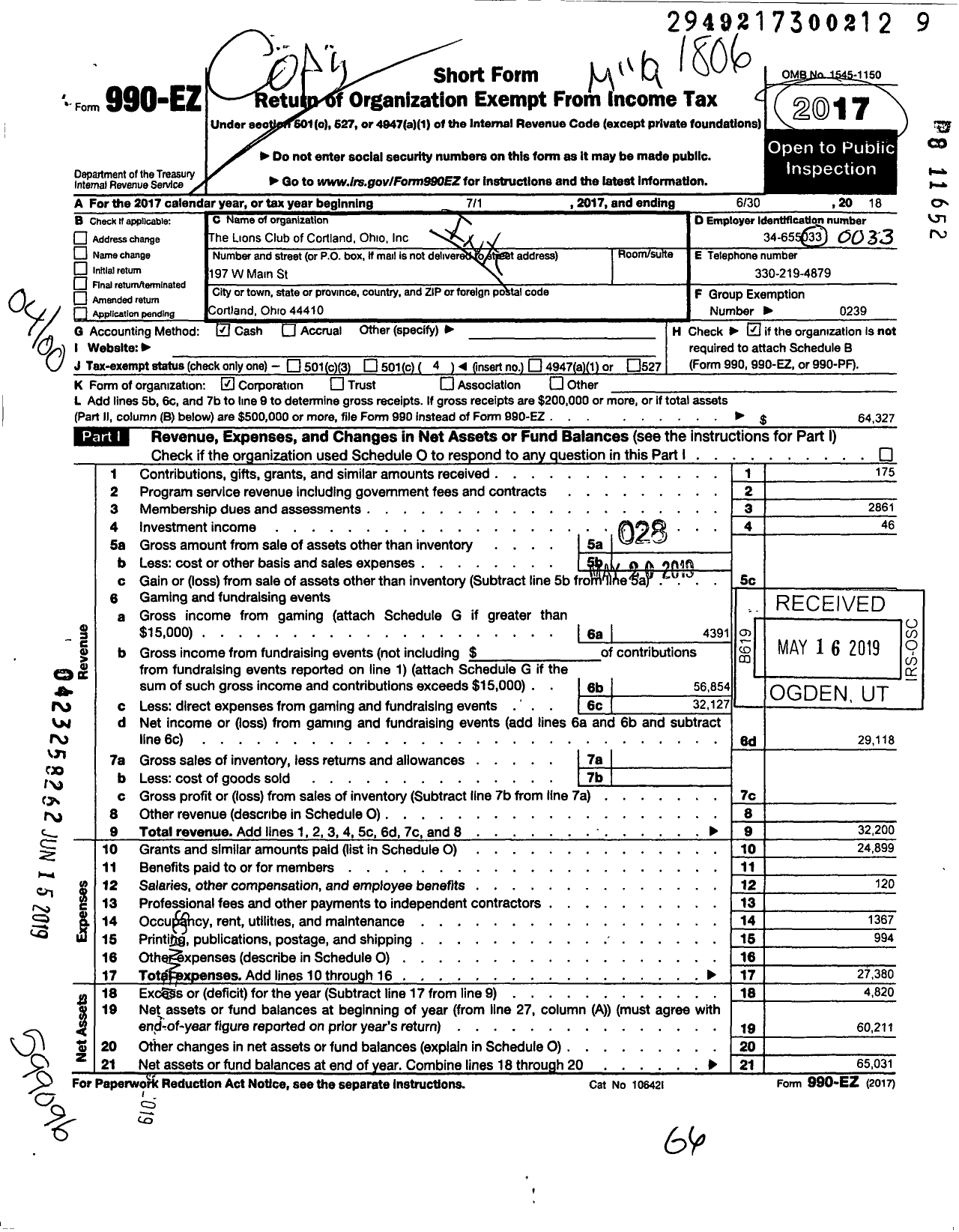 Image of first page of 2017 Form 990EO for Lions CLUBS - 5318 Cortland