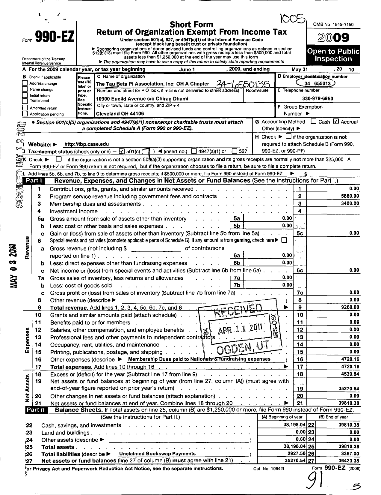 Image of first page of 2009 Form 990EO for Tau Beta Pi Association / Ohio Alpha Chapter