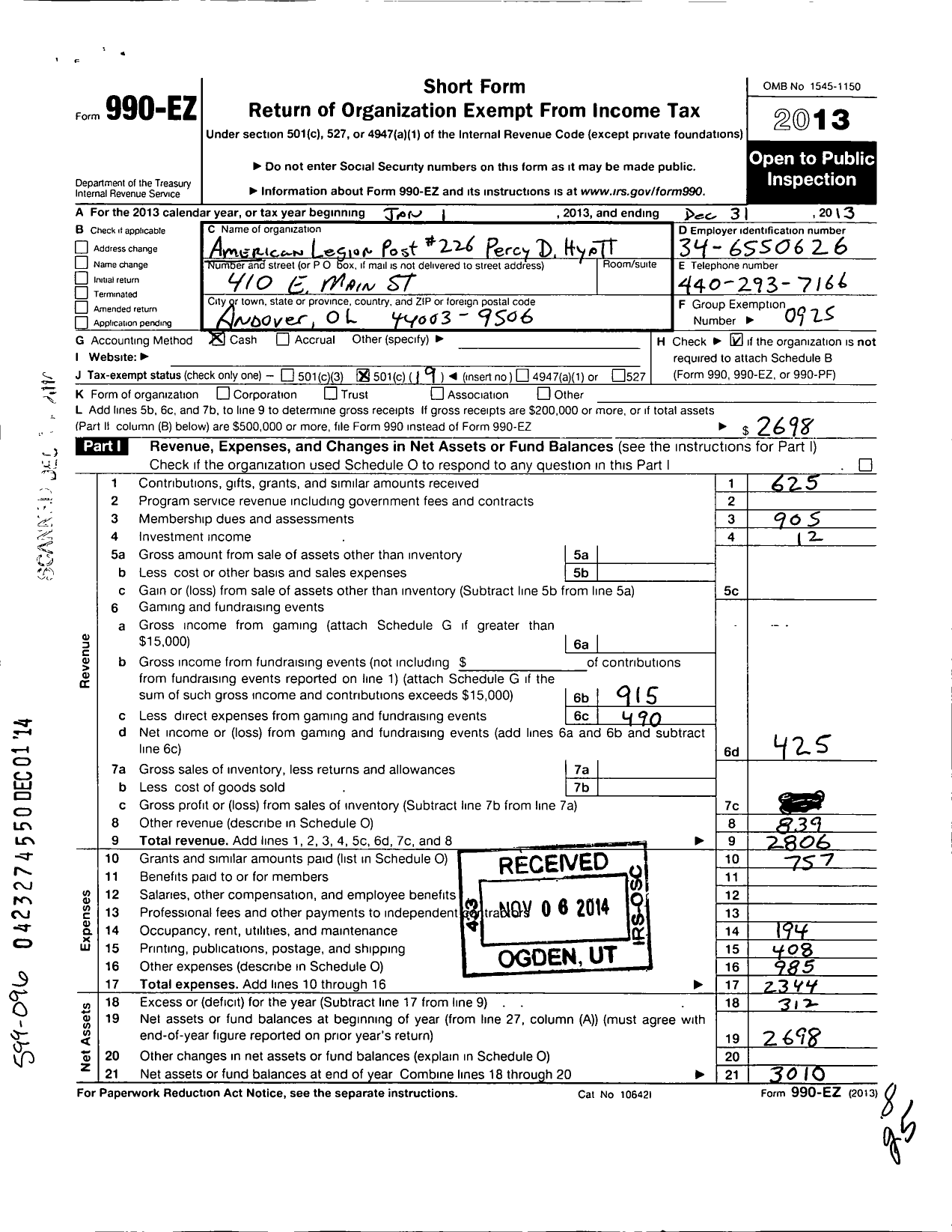 Image of first page of 2013 Form 990EO for American Legion - 226 Percy D Hyatt Oh Post