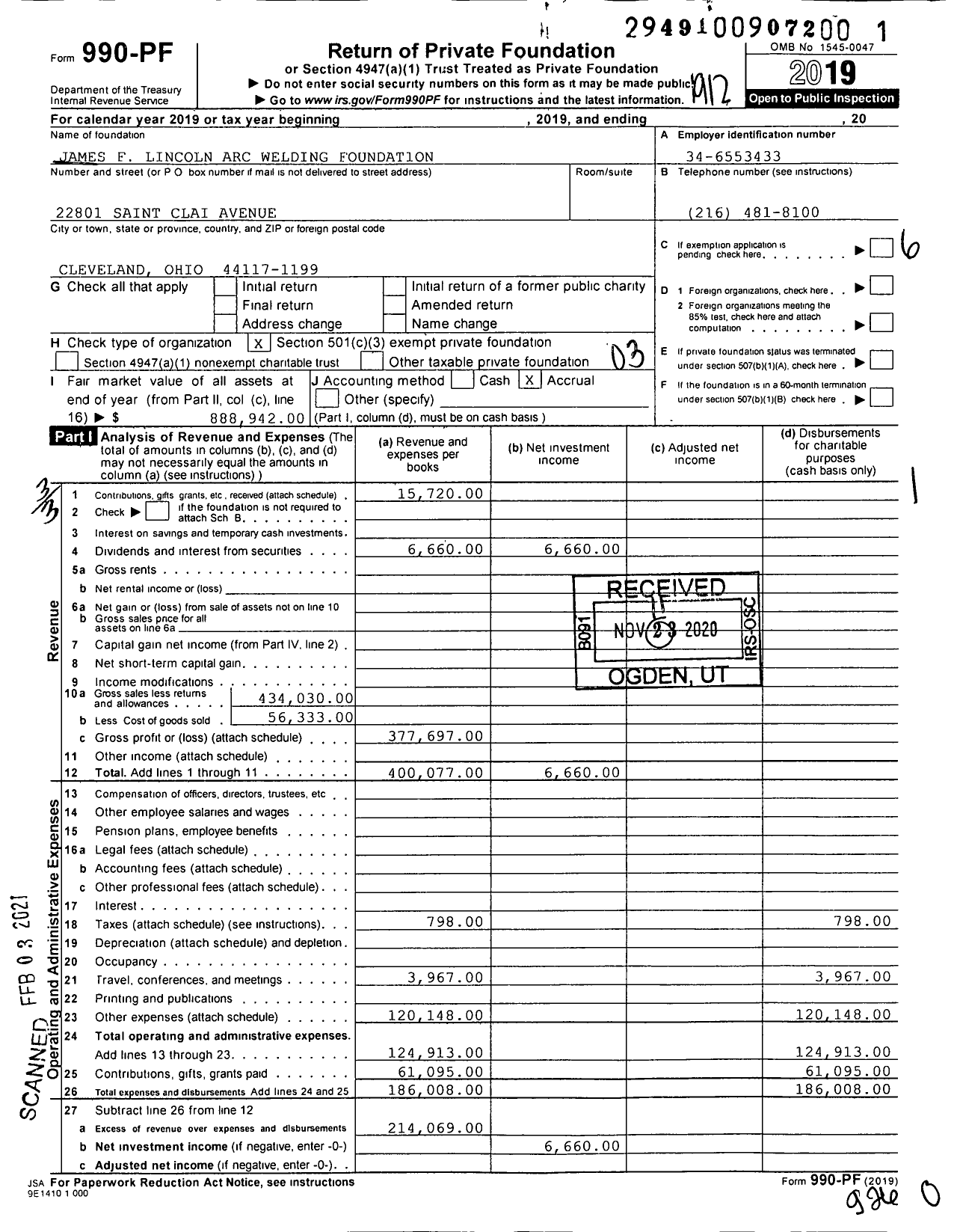 Image of first page of 2019 Form 990PF for James F Lincoln Welding Foundation