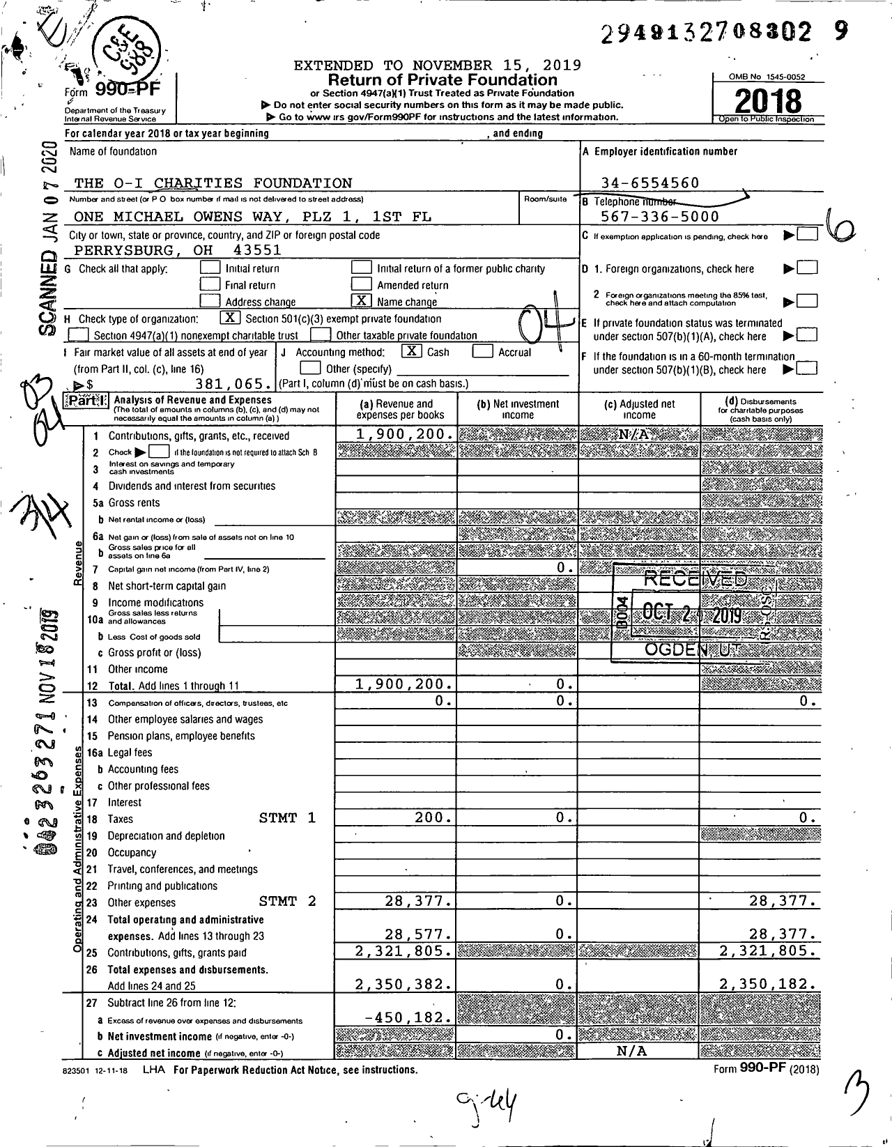 Image of first page of 2018 Form 990PF for The O-I Charities Foundation