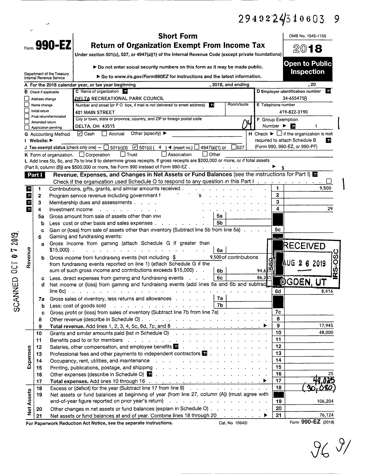 Image of first page of 2018 Form 990EO for Delta Recreational Park Council