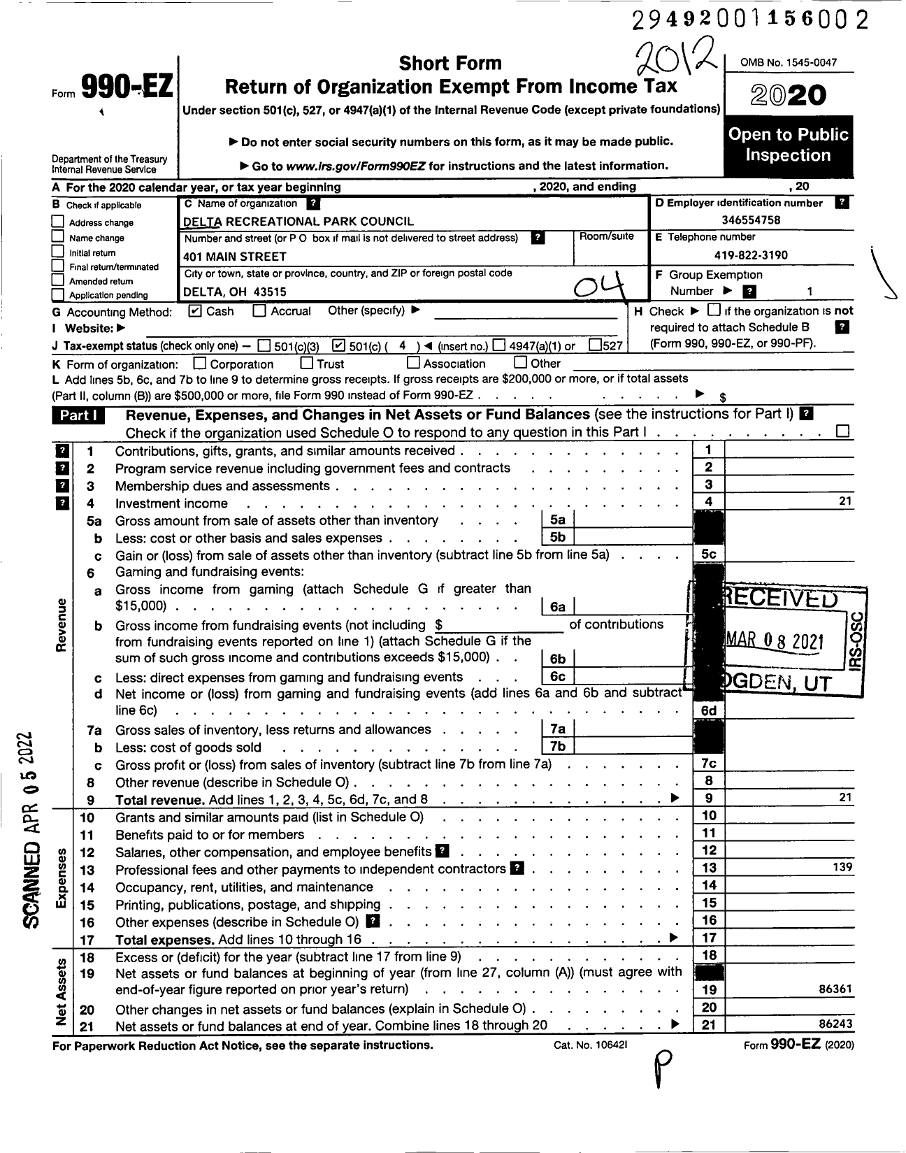 Image of first page of 2020 Form 990EO for Delta Recreational Park Council