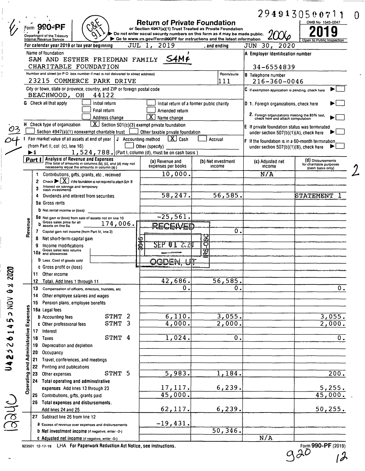 Image of first page of 2019 Form 990PF for Sam and Esther Friedman Family Foundation