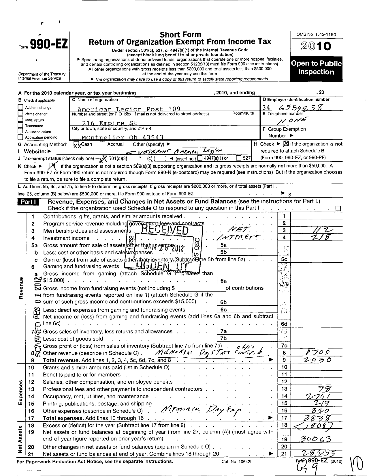 Image of first page of 2010 Form 990EZ for Amercian Legion