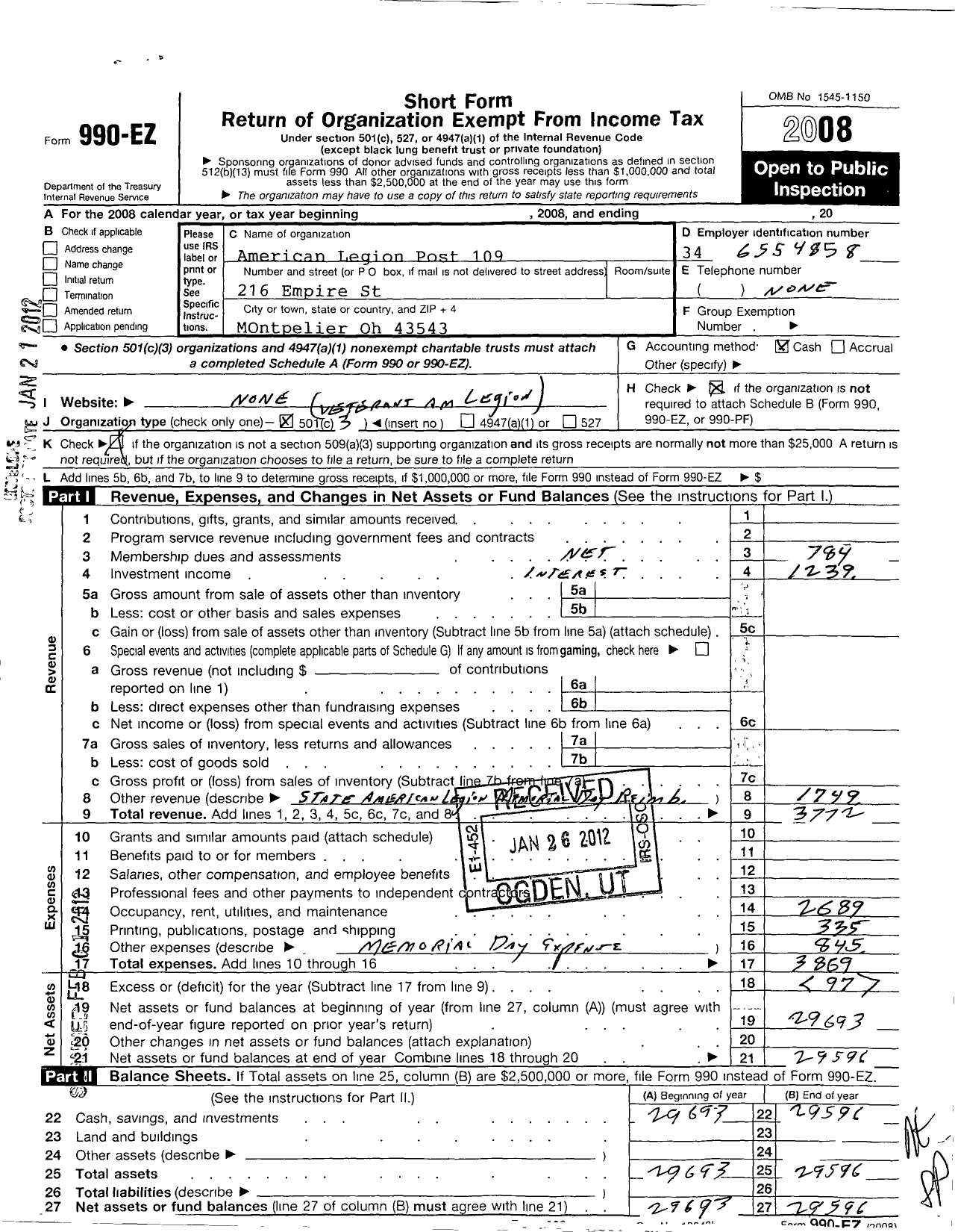 Image of first page of 2008 Form 990EZ for Amercian Legion