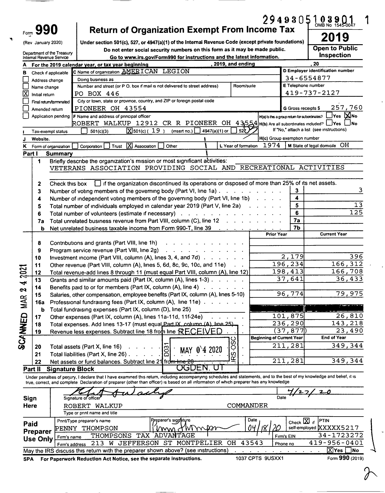 Image of first page of 2019 Form 990 for American Legion - 0307 Agnen-