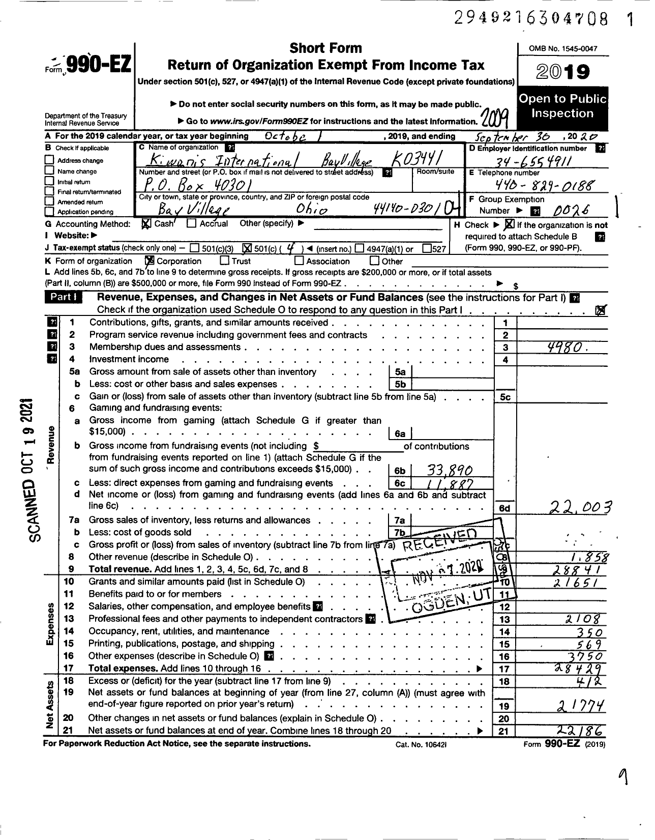 Image of first page of 2019 Form 990EO for Kiwanis International - K03441 Bay Village