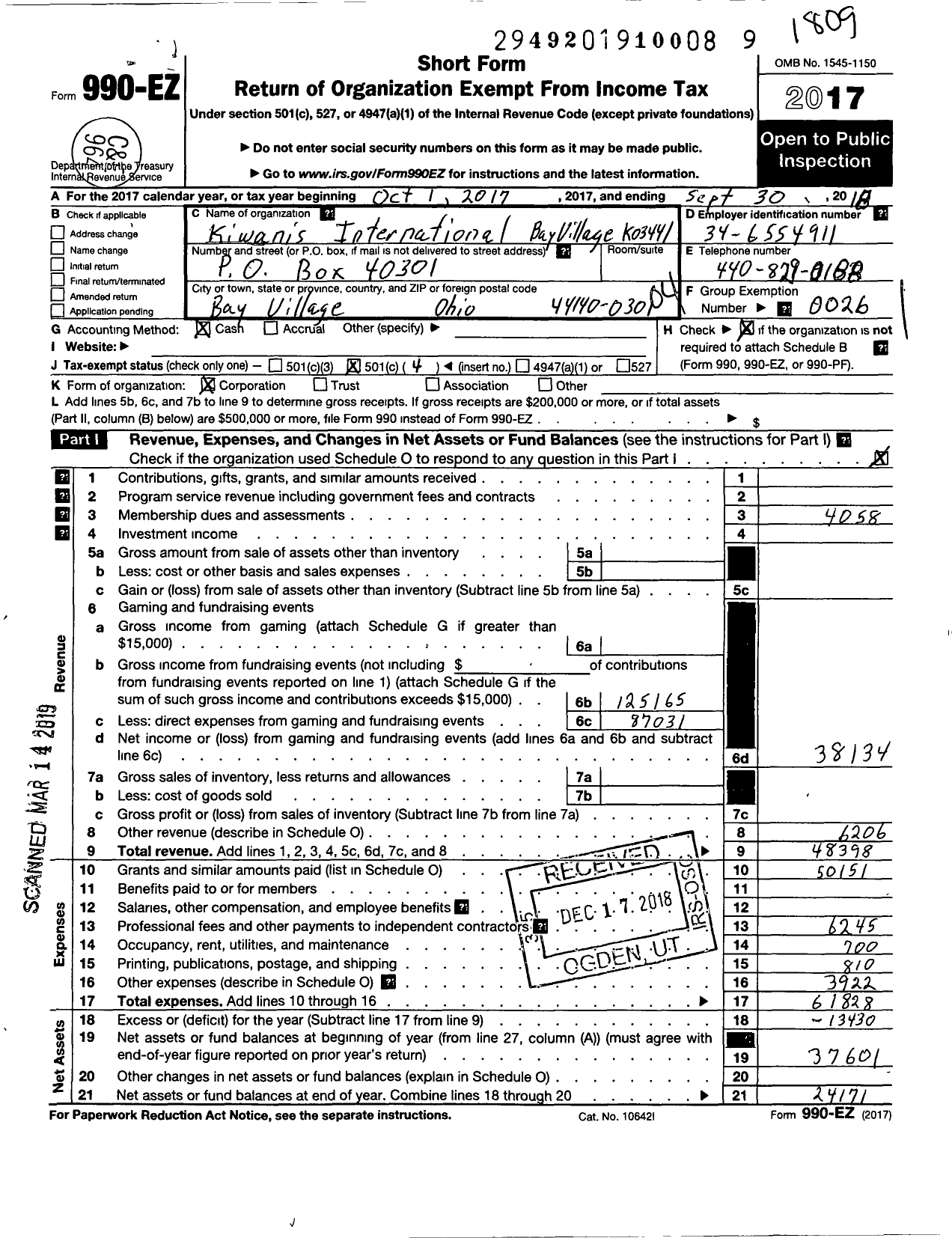 Image of first page of 2017 Form 990EO for Kiwanis International Bay Village K03441