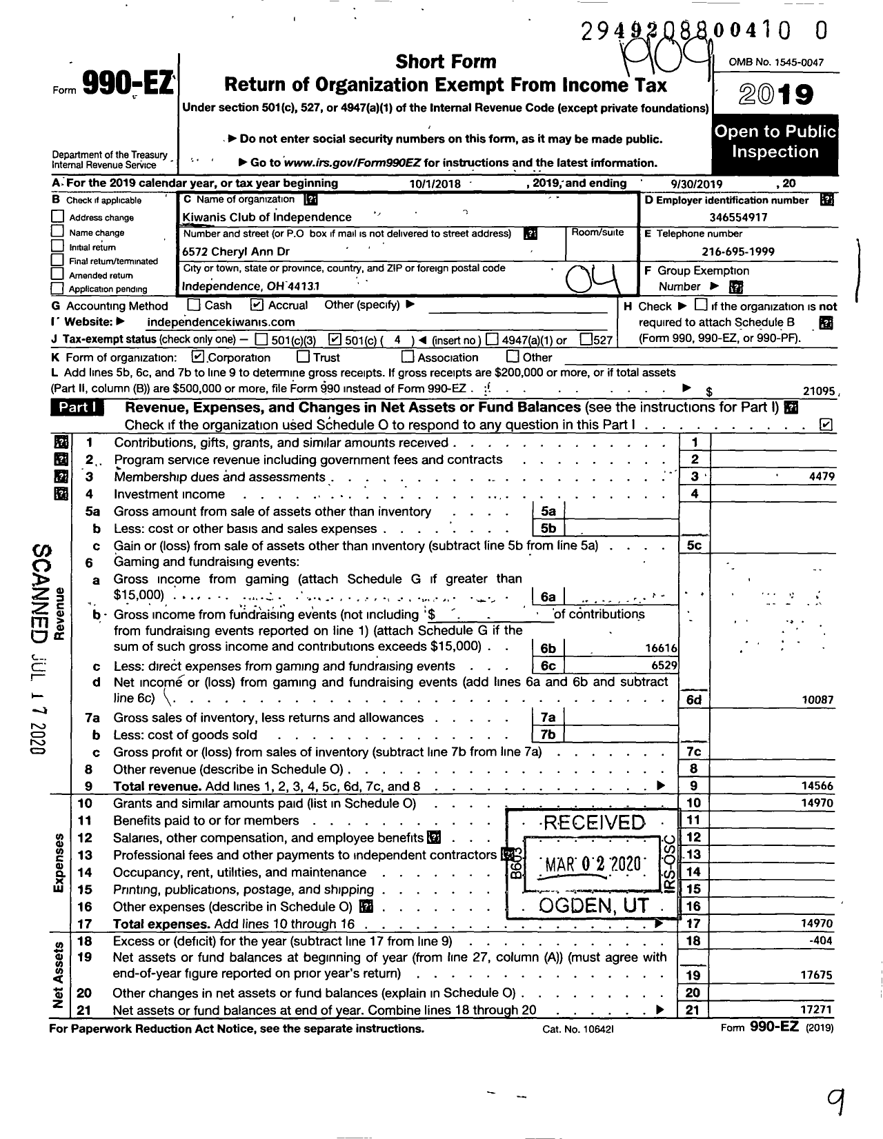 Image of first page of 2018 Form 990EO for KIWANIS International - K03771 Independence