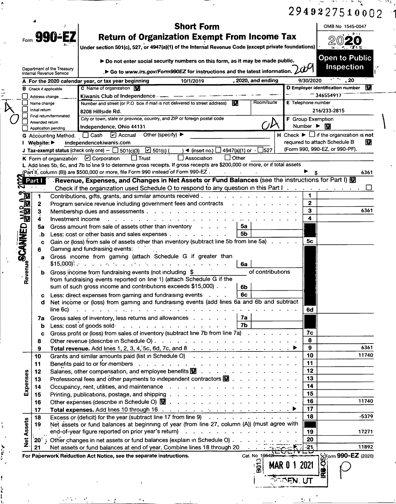 Image of first page of 2019 Form 990EO for KIWANIS International - K03771 Independence