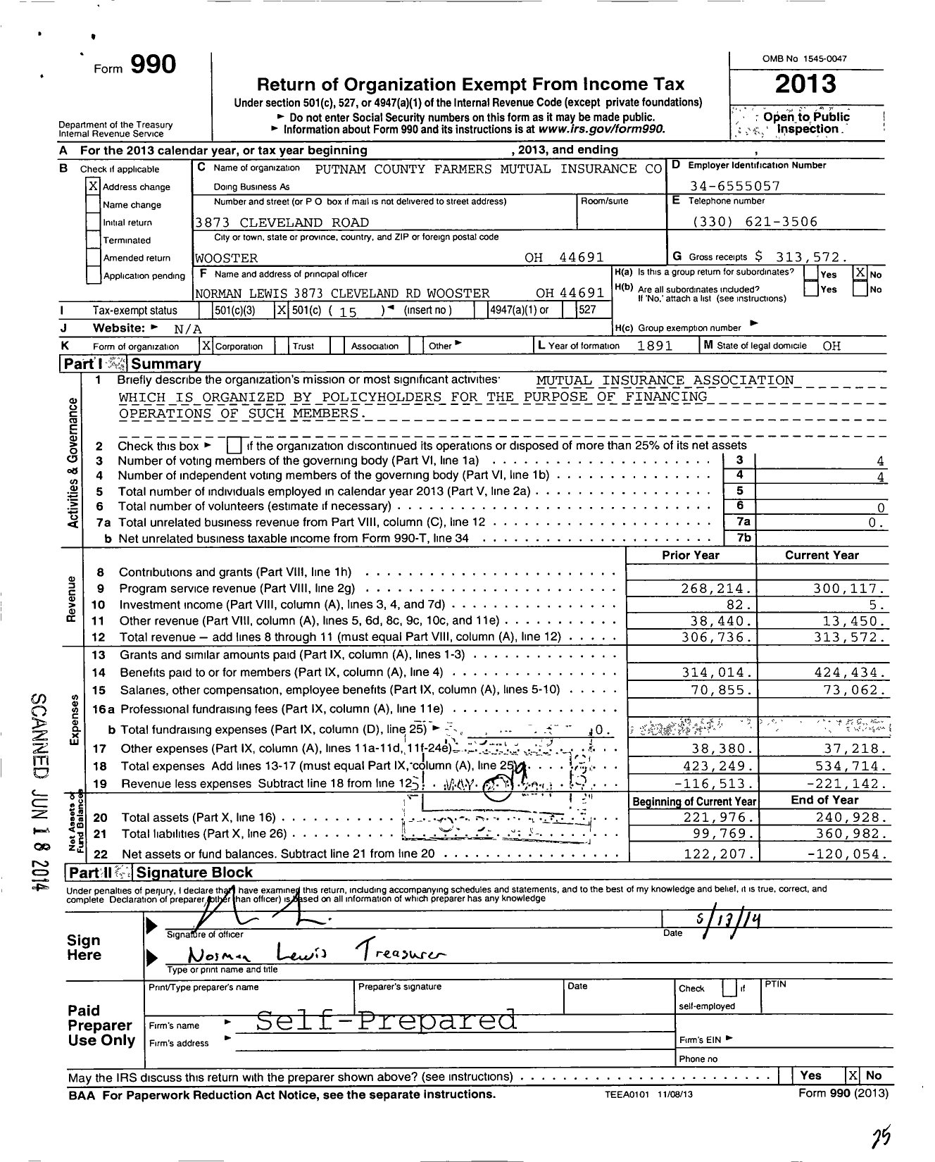 Image of first page of 2013 Form 990O for Putnam County Farmers Mutual Insurance