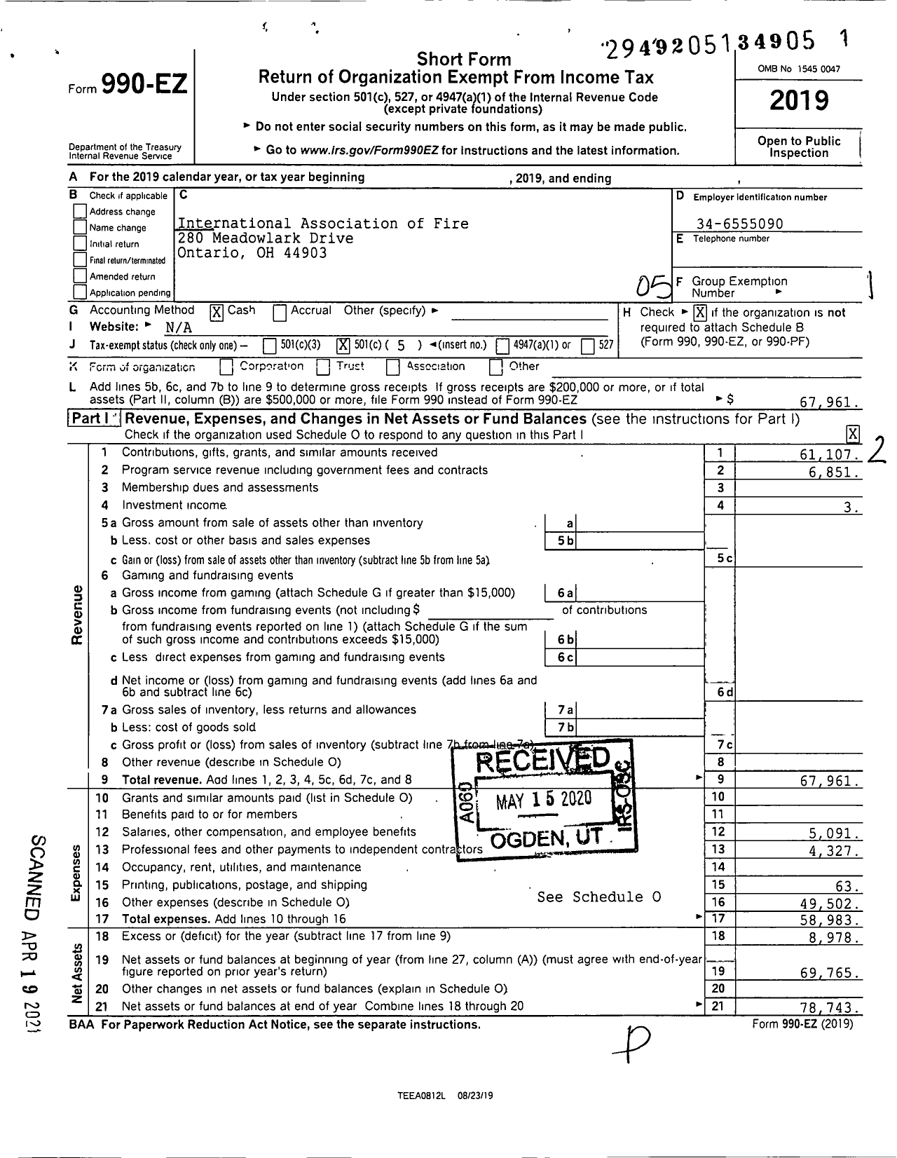 Image of first page of 2019 Form 990EO for International Association of Fire Fighters - L0266 Mansfield