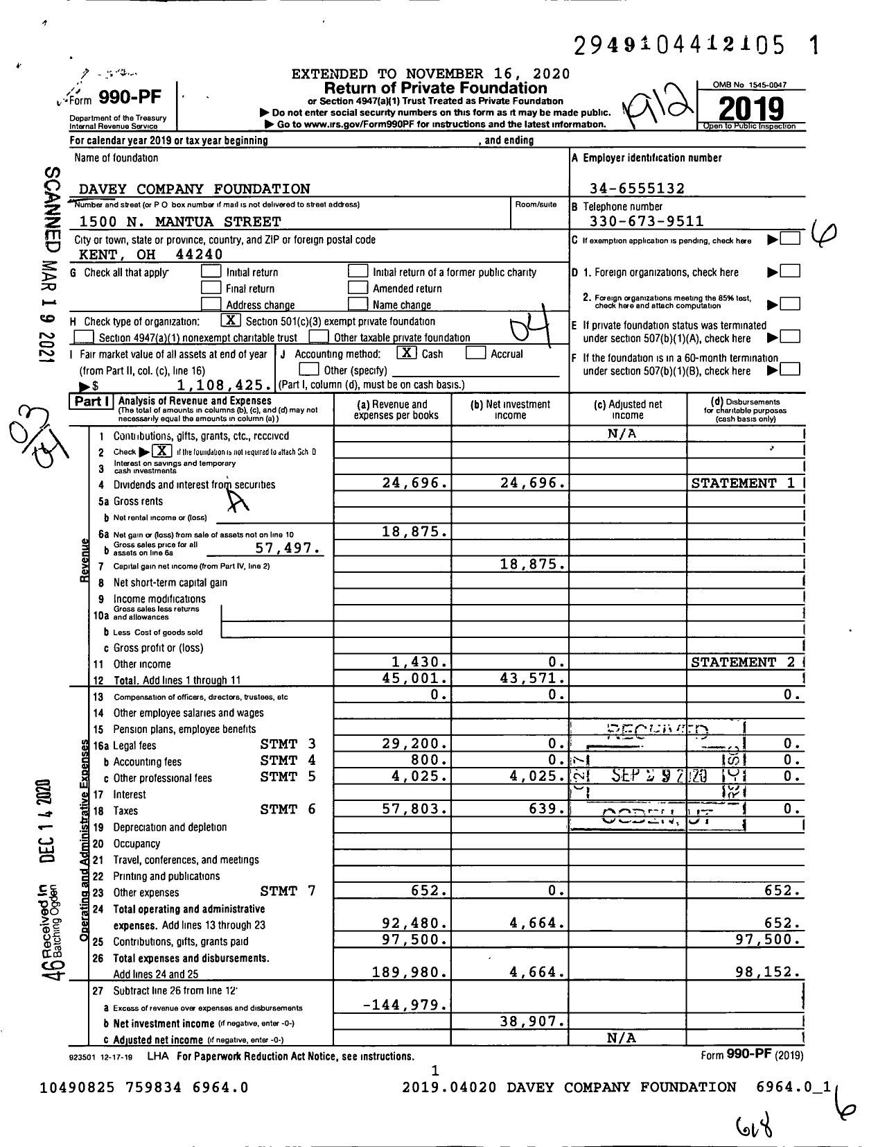 Image of first page of 2019 Form 990PF for Davey Company Foundation