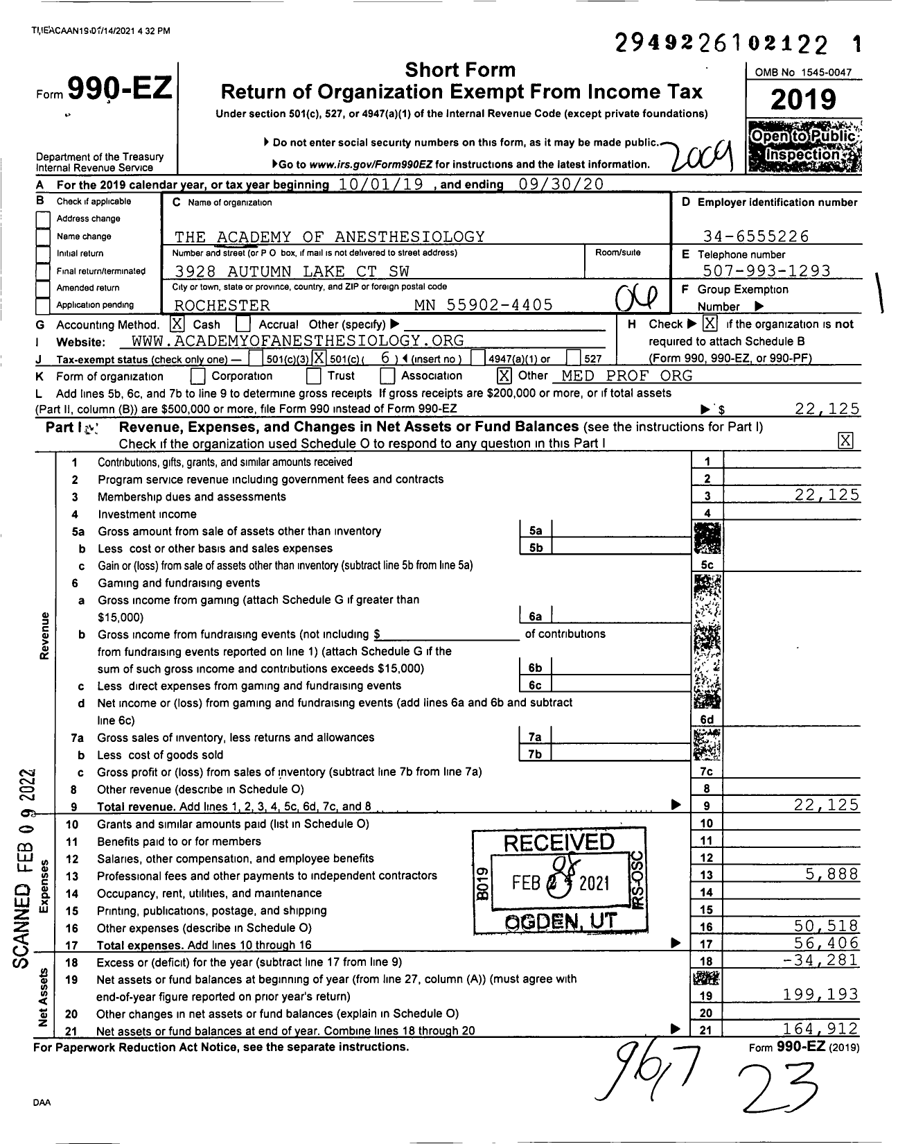 Image of first page of 2019 Form 990EO for The Academy of Anesthesiology